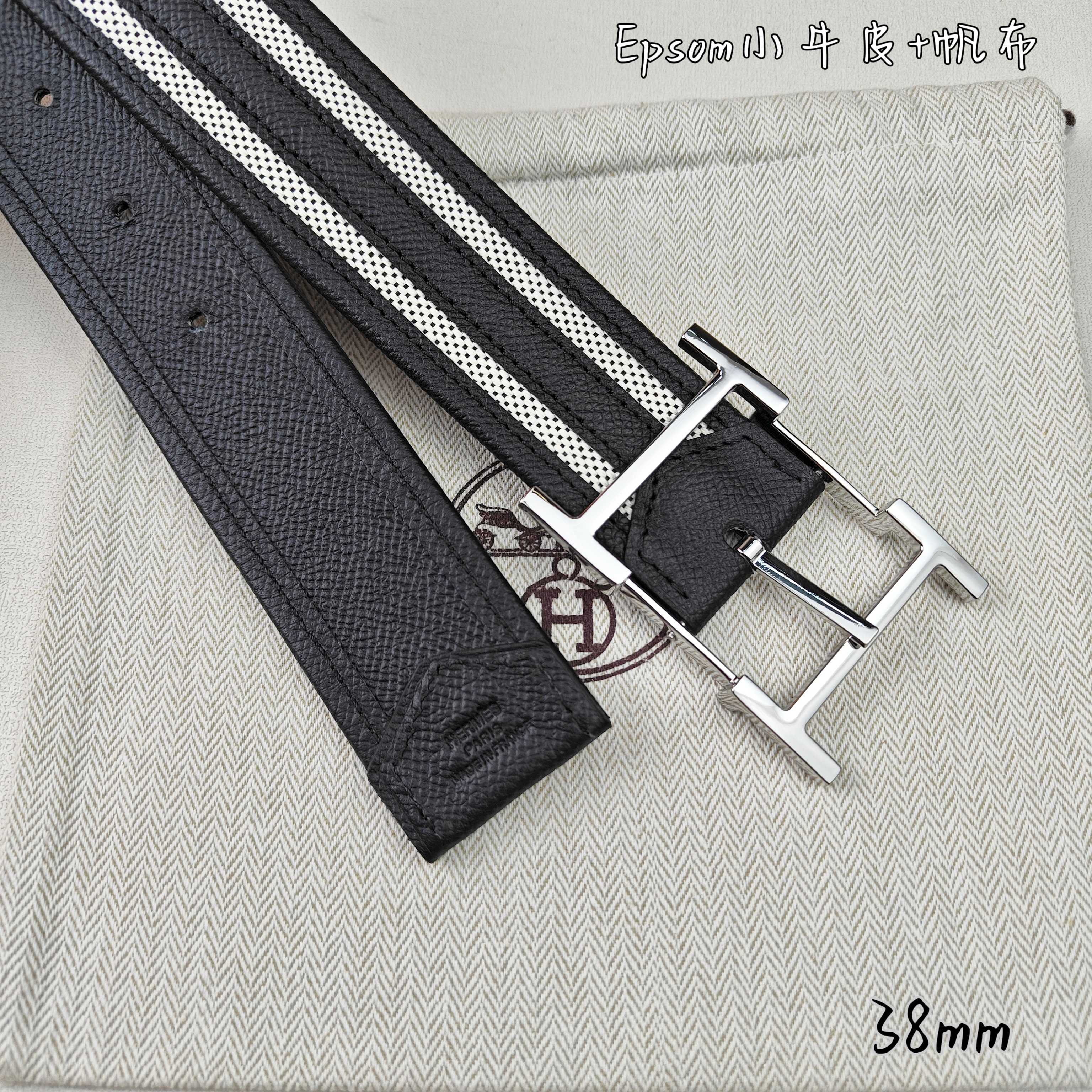   Hermès 爱马仕 新款针扣皮带  原单品质  原版EPsom小牛皮搭配帆布材质  黑色  38m
