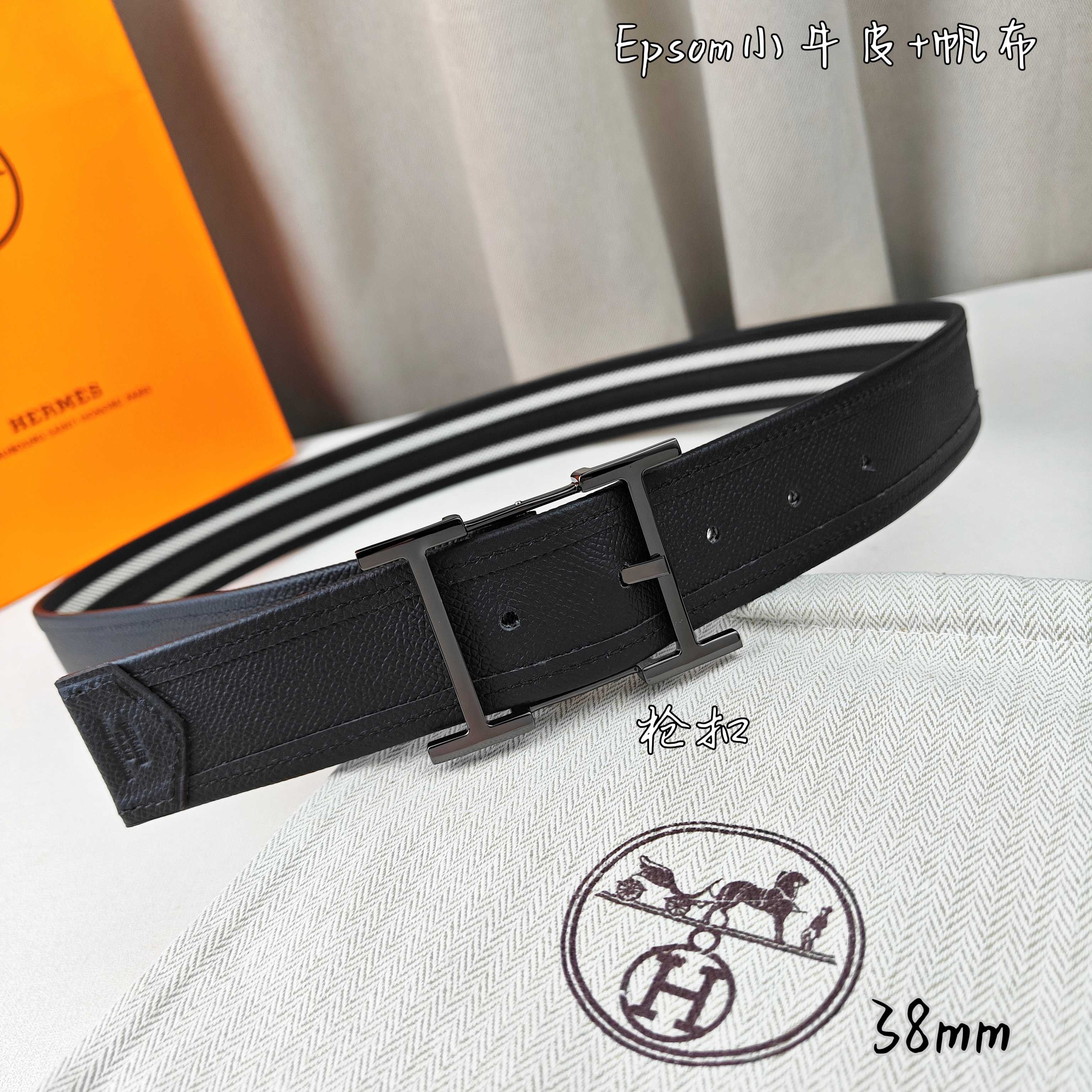   Hermès 爱马仕 新款针扣皮带  原单品质  原版EPsom小牛皮搭配帆布材质  黑色  38m