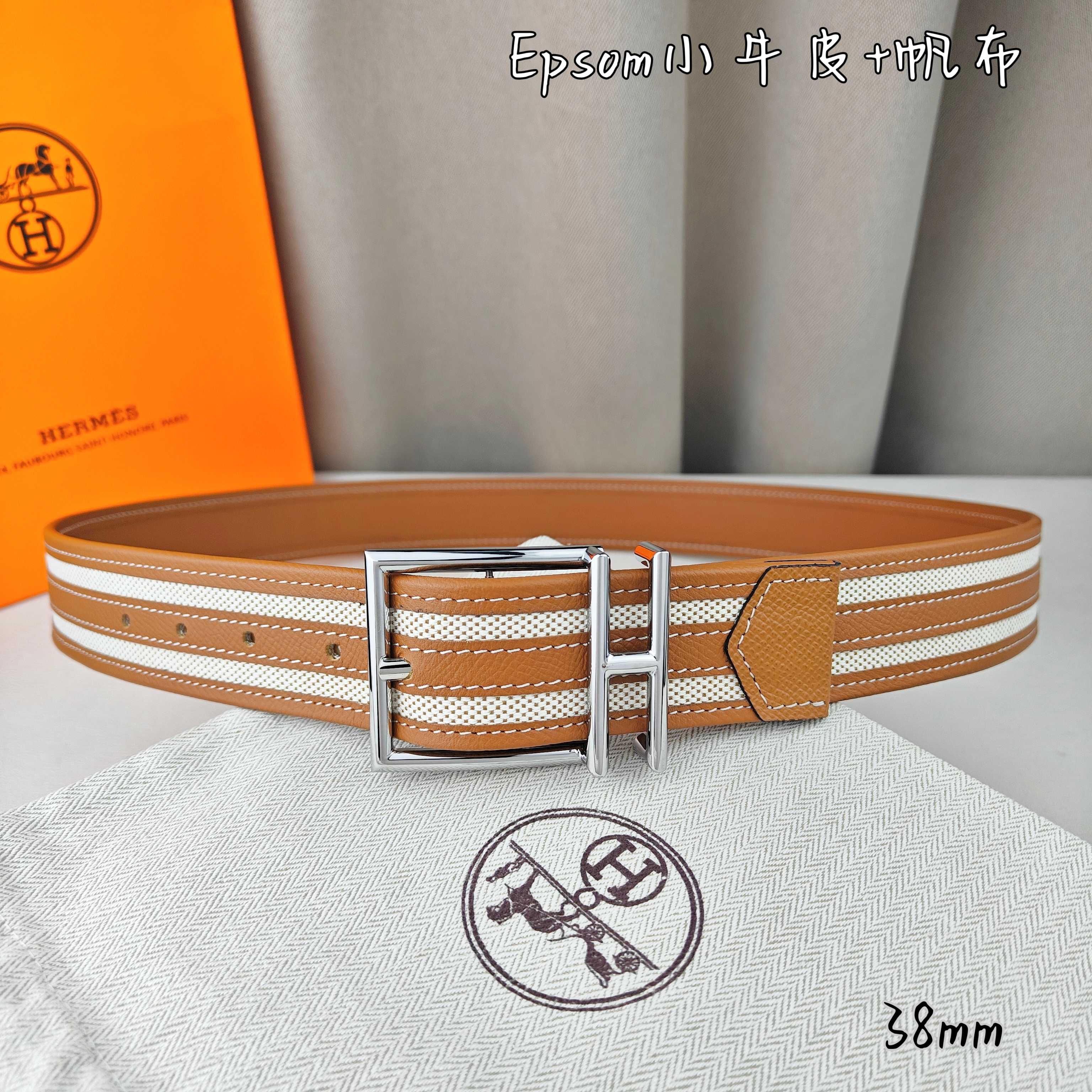   Hermès 爱马仕 新款针扣皮带  原单品质  原版EPsom小牛皮搭配帆布材质  土黄色  38