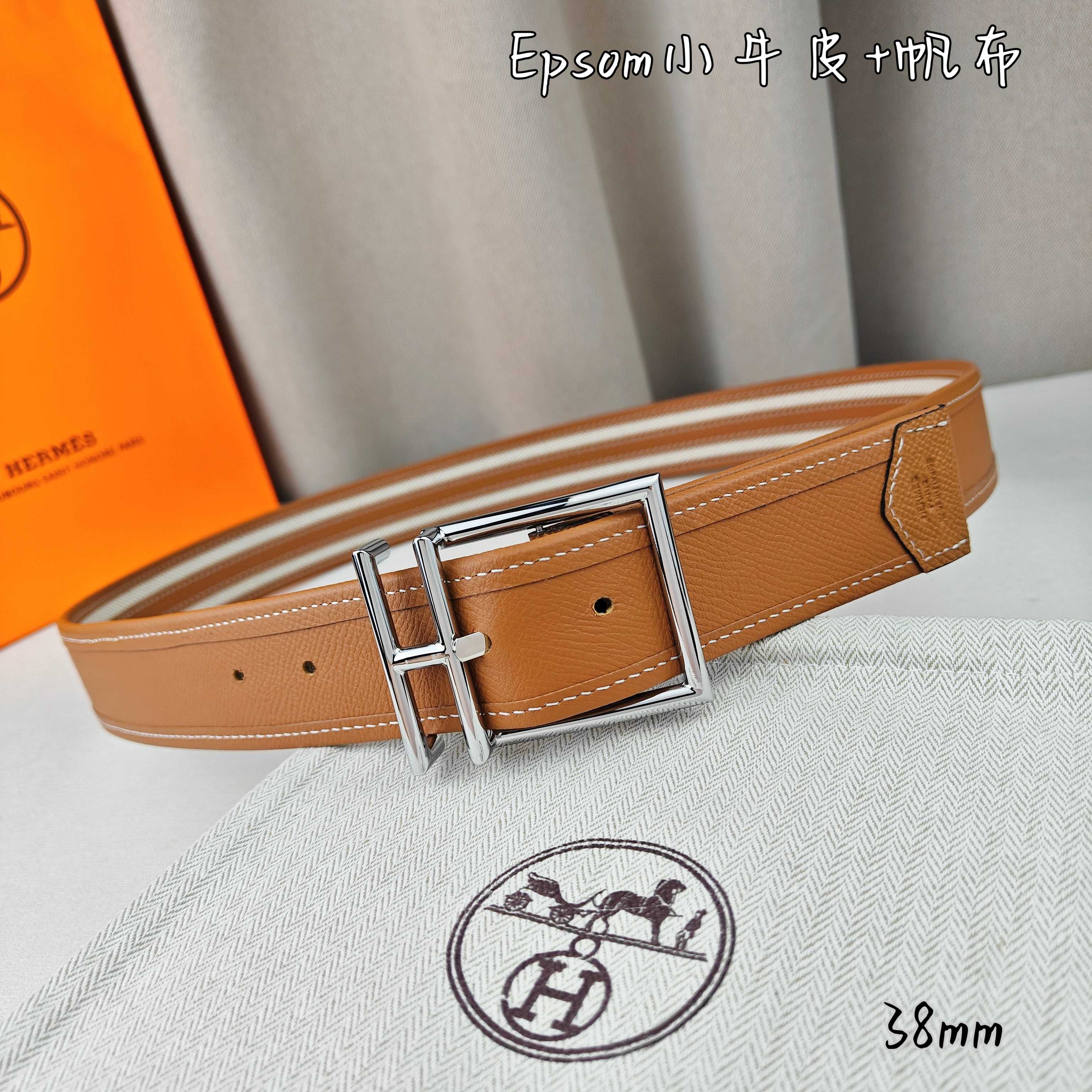   Hermès 爱马仕 新款针扣皮带  原单品质  原版EPsom小牛皮搭配帆布材质  土黄色  38