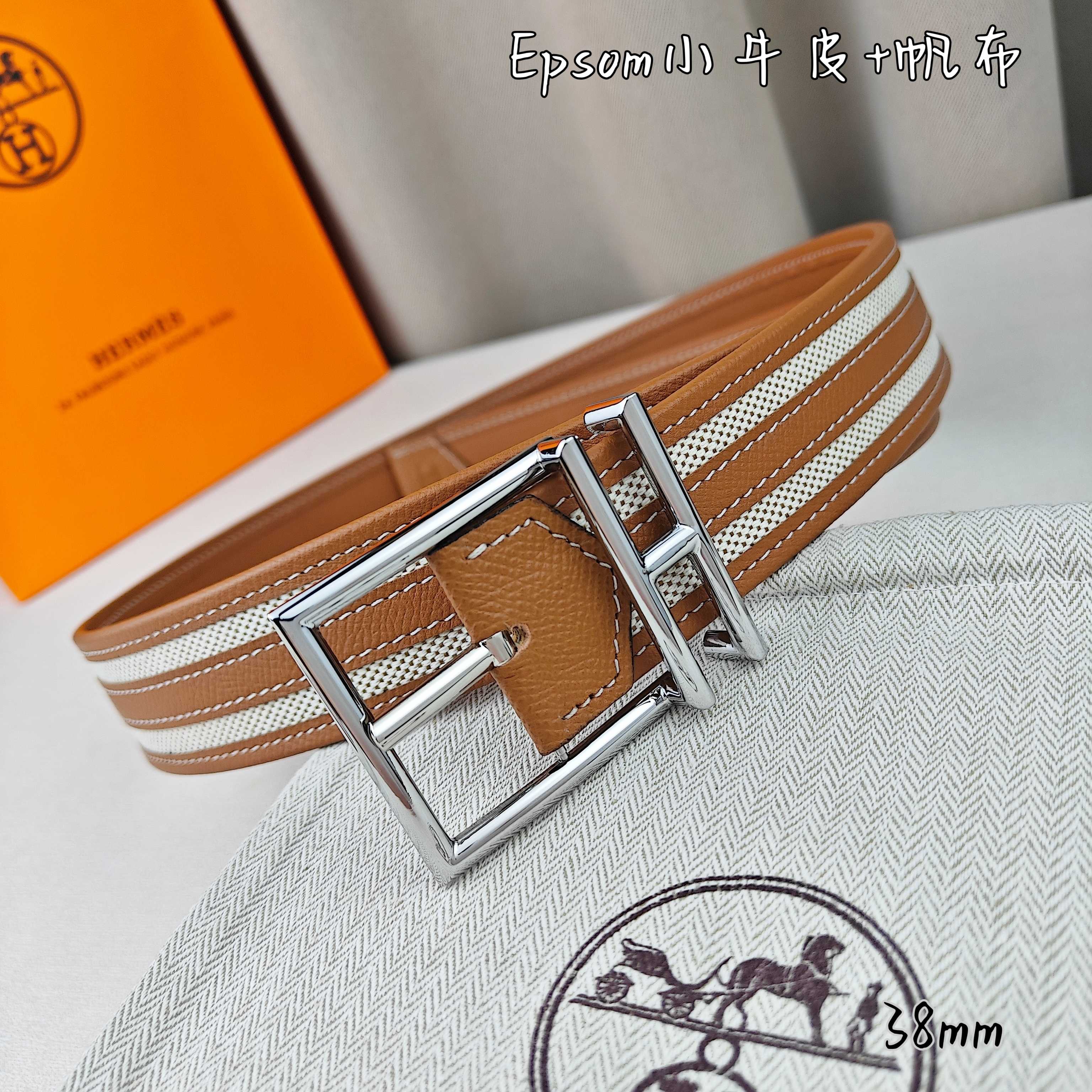   Hermès 爱马仕 新款针扣皮带  原单品质  原版EPsom小牛皮搭配帆布材质  土黄色  38