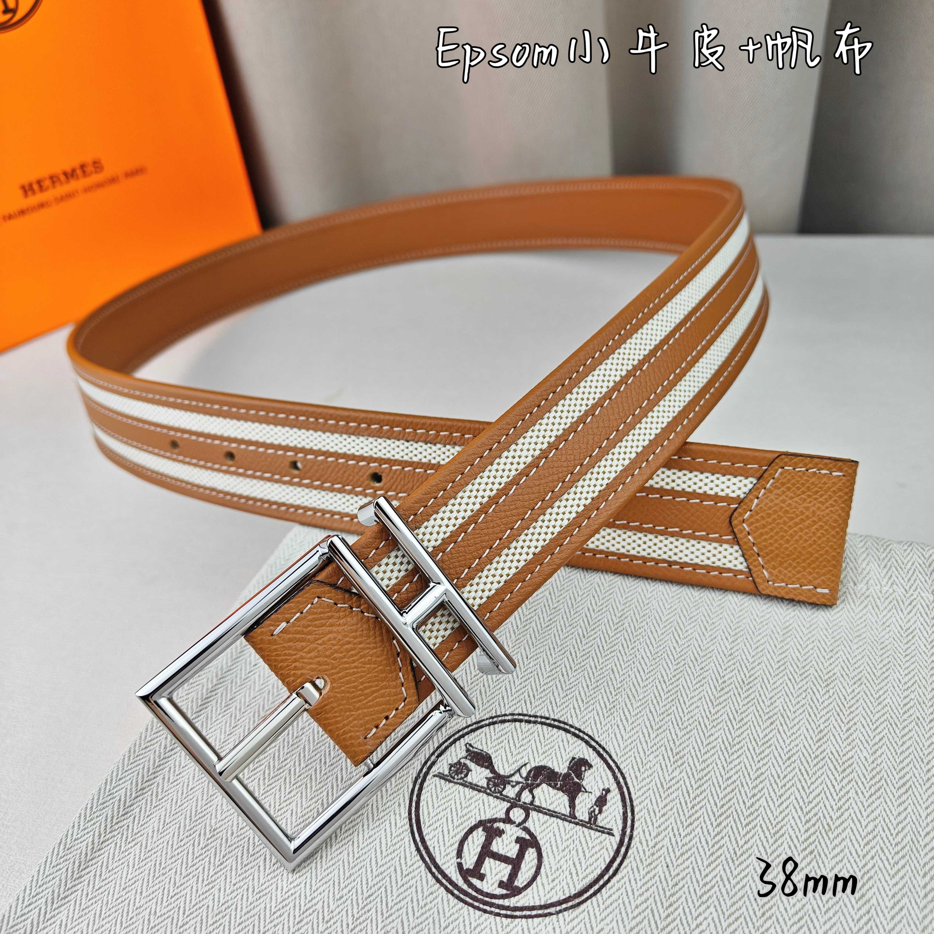   Hermès 爱马仕 新款针扣皮带  原单品质  原版EPsom小牛皮搭配帆布材质  土黄色  38
