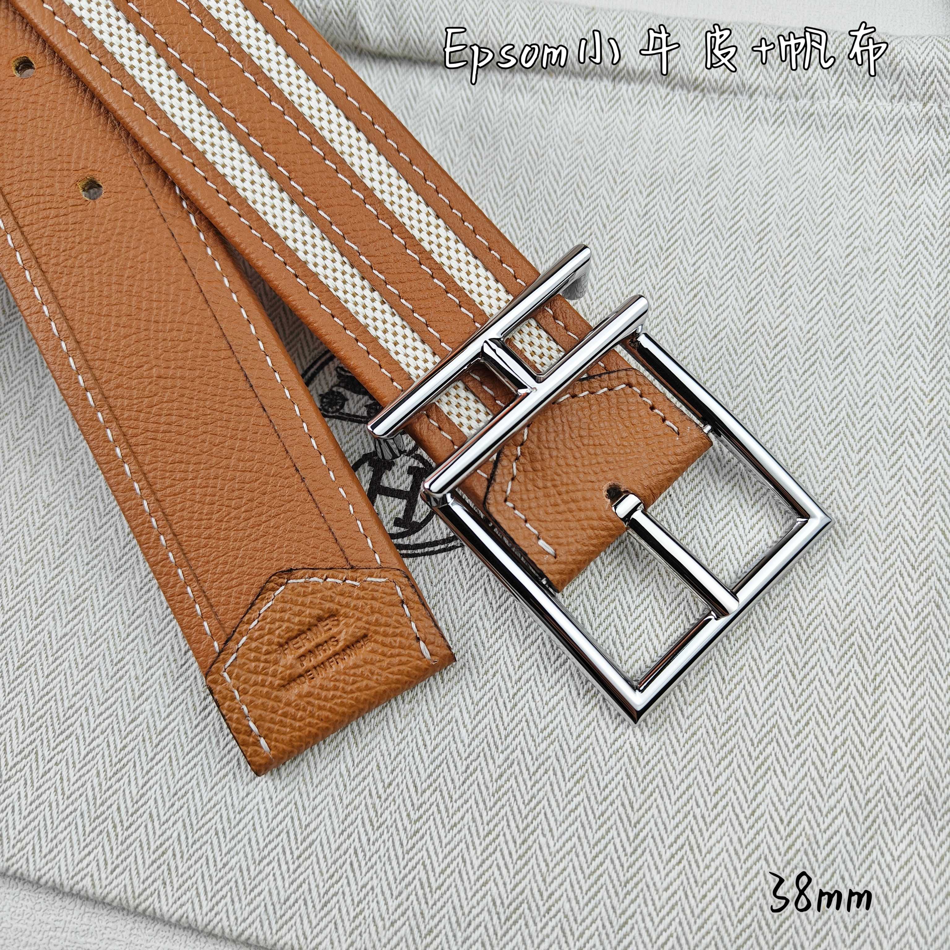   Hermès 爱马仕 新款针扣皮带  原单品质  原版EPsom小牛皮搭配帆布材质  土黄色  38