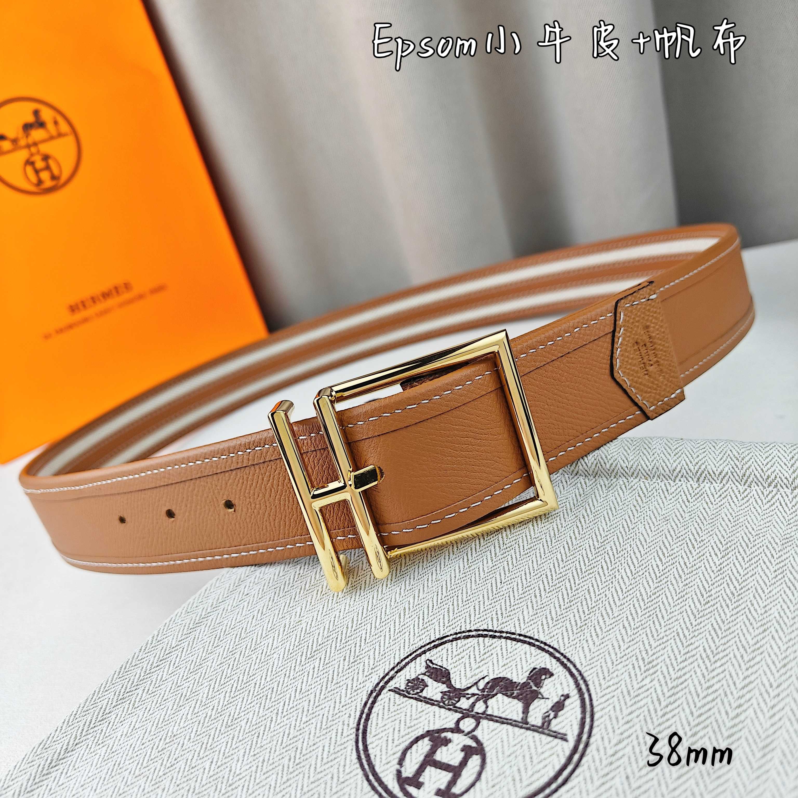  Hermès 爱马仕 新款针扣皮带  原单品质  原版EPsom小牛皮搭配帆布材质  土黄色  38