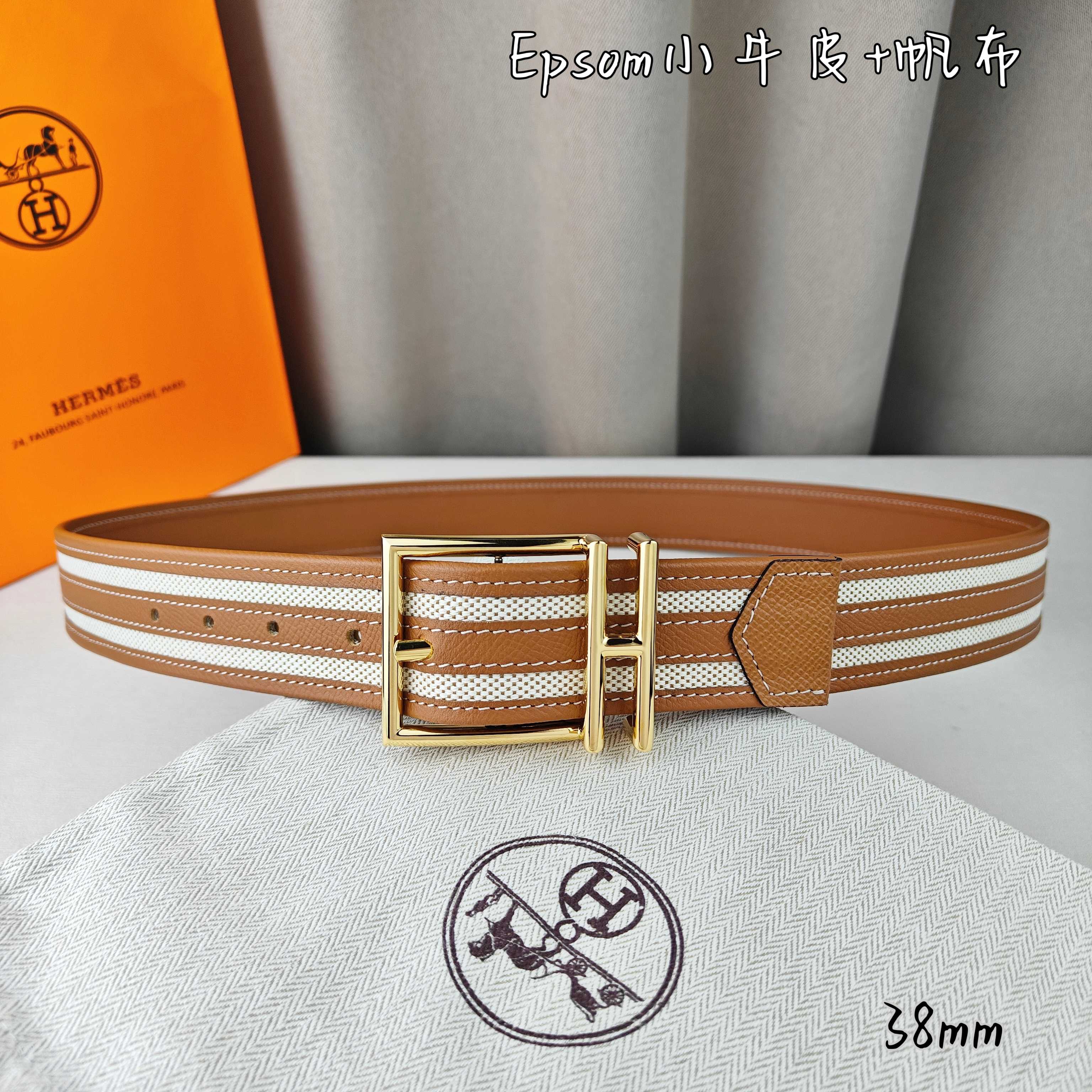   Hermès 爱马仕 新款针扣皮带  原单品质  原版EPsom小牛皮搭配帆布材质  土黄色  38