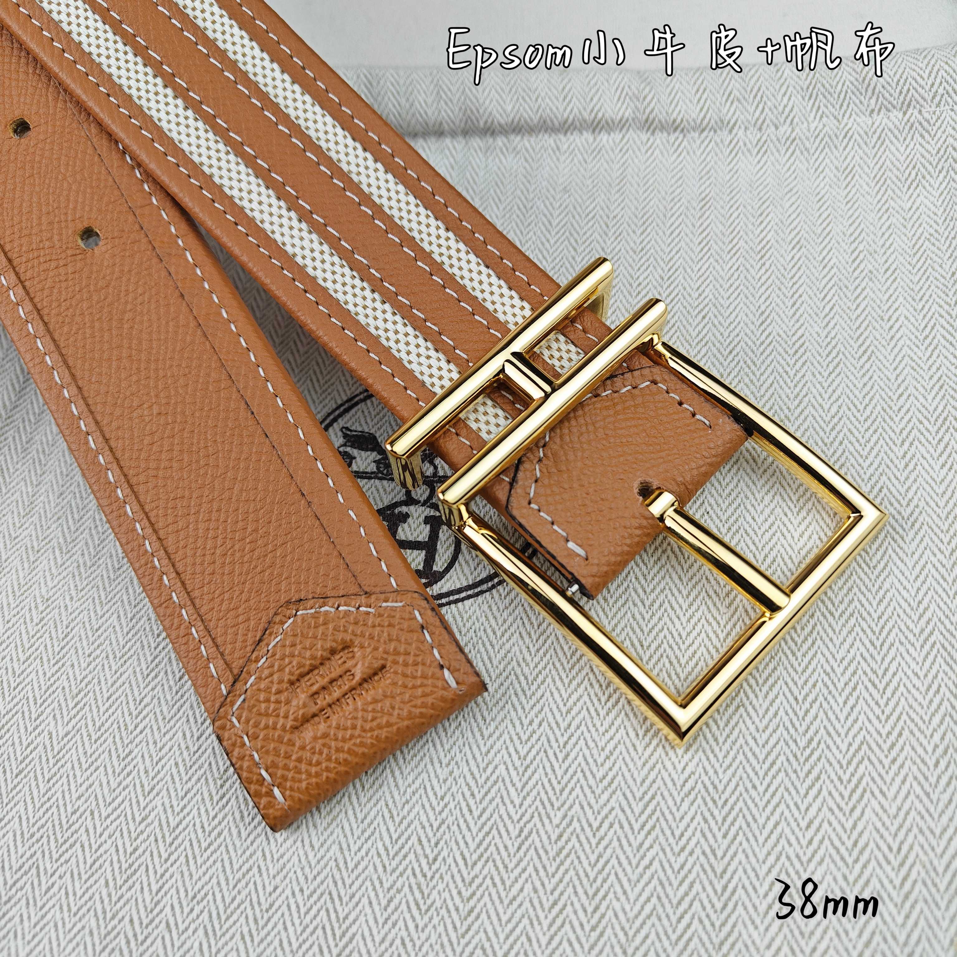   Hermès 爱马仕 新款针扣皮带  原单品质  原版EPsom小牛皮搭配帆布材质  土黄色  38