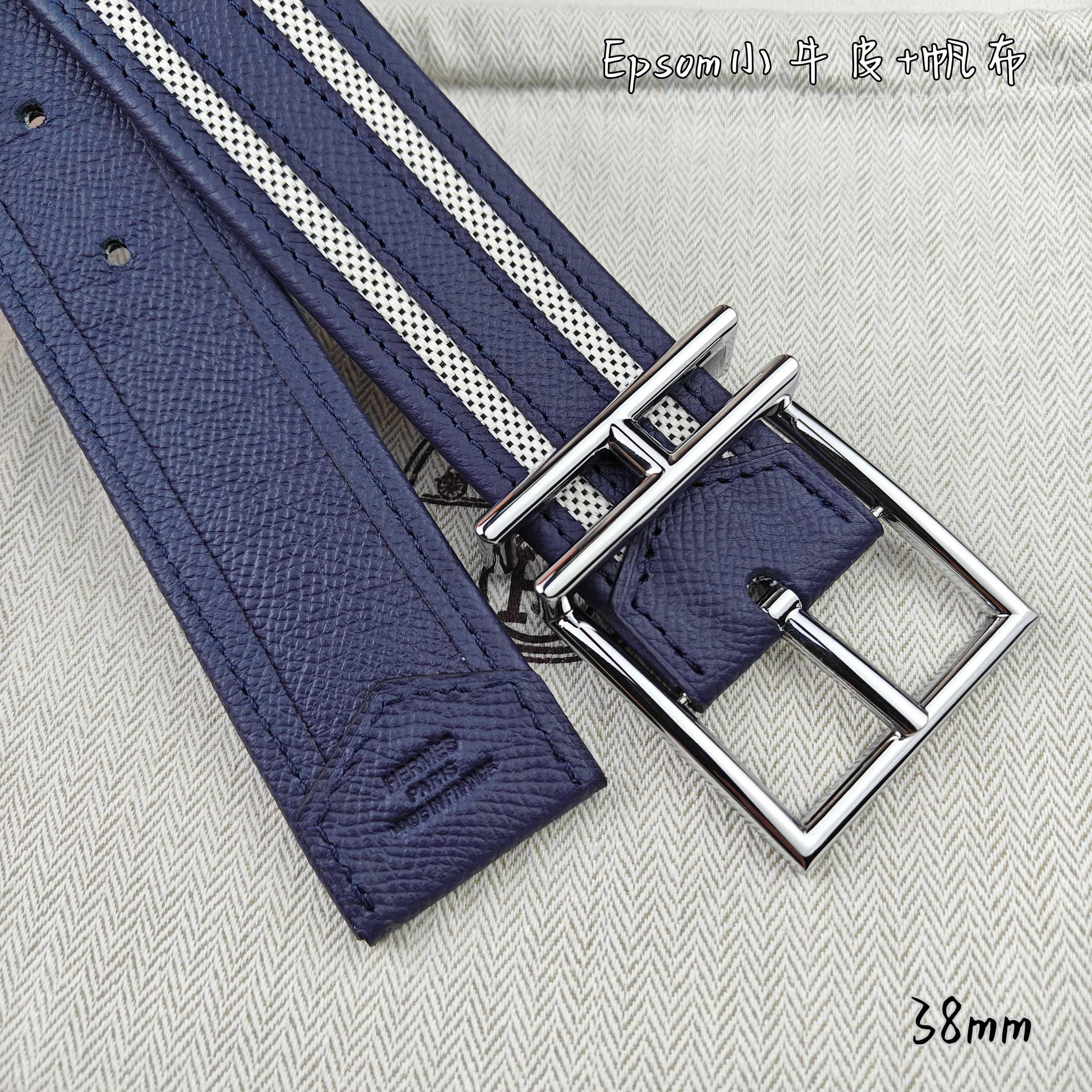   Hermès 爱马仕 新款针扣皮带  原单品质  原版EPsom小牛皮搭配帆布材质  深蓝色  38