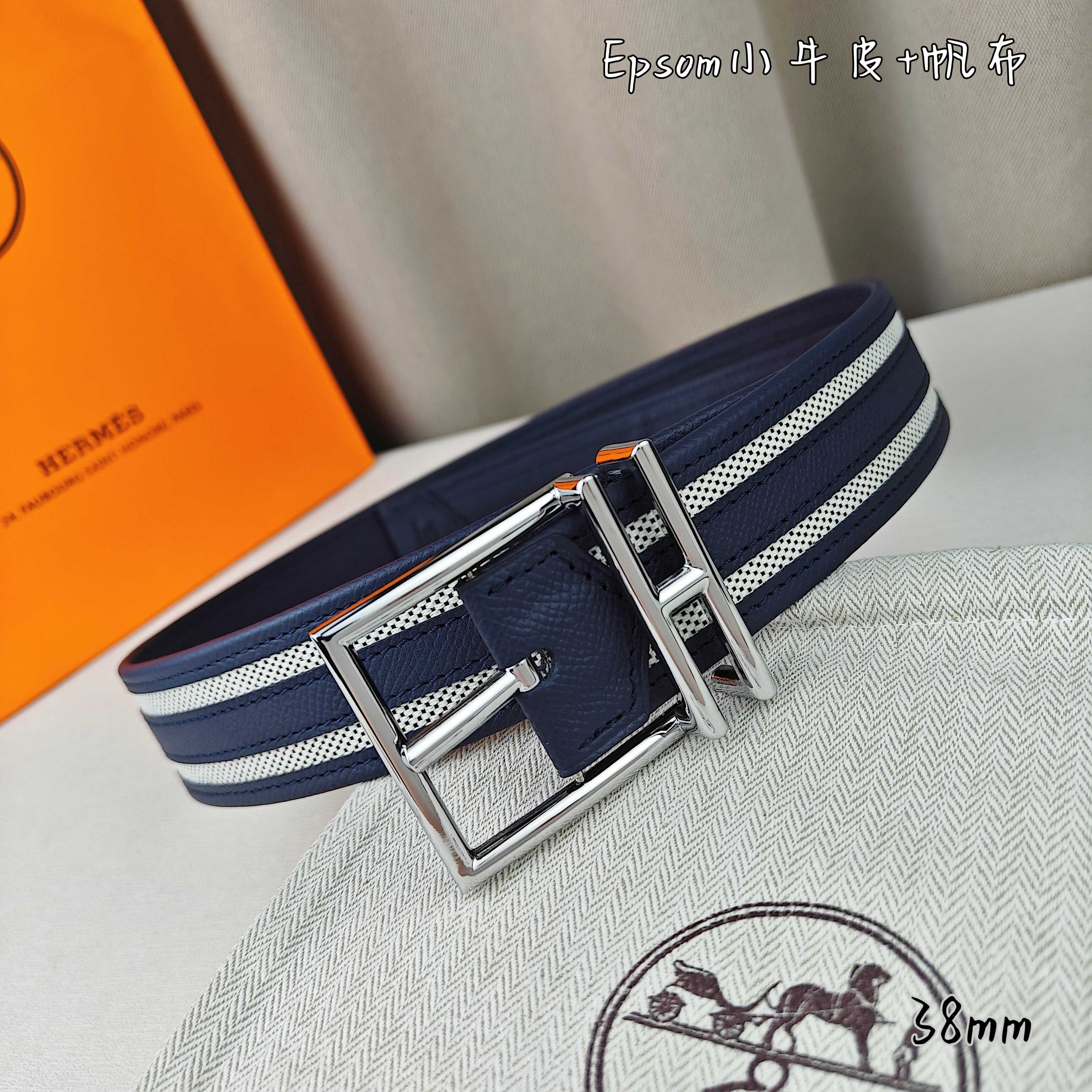   Hermès 爱马仕 新款针扣皮带  原单品质  原版EPsom小牛皮搭配帆布材质  深蓝色  38