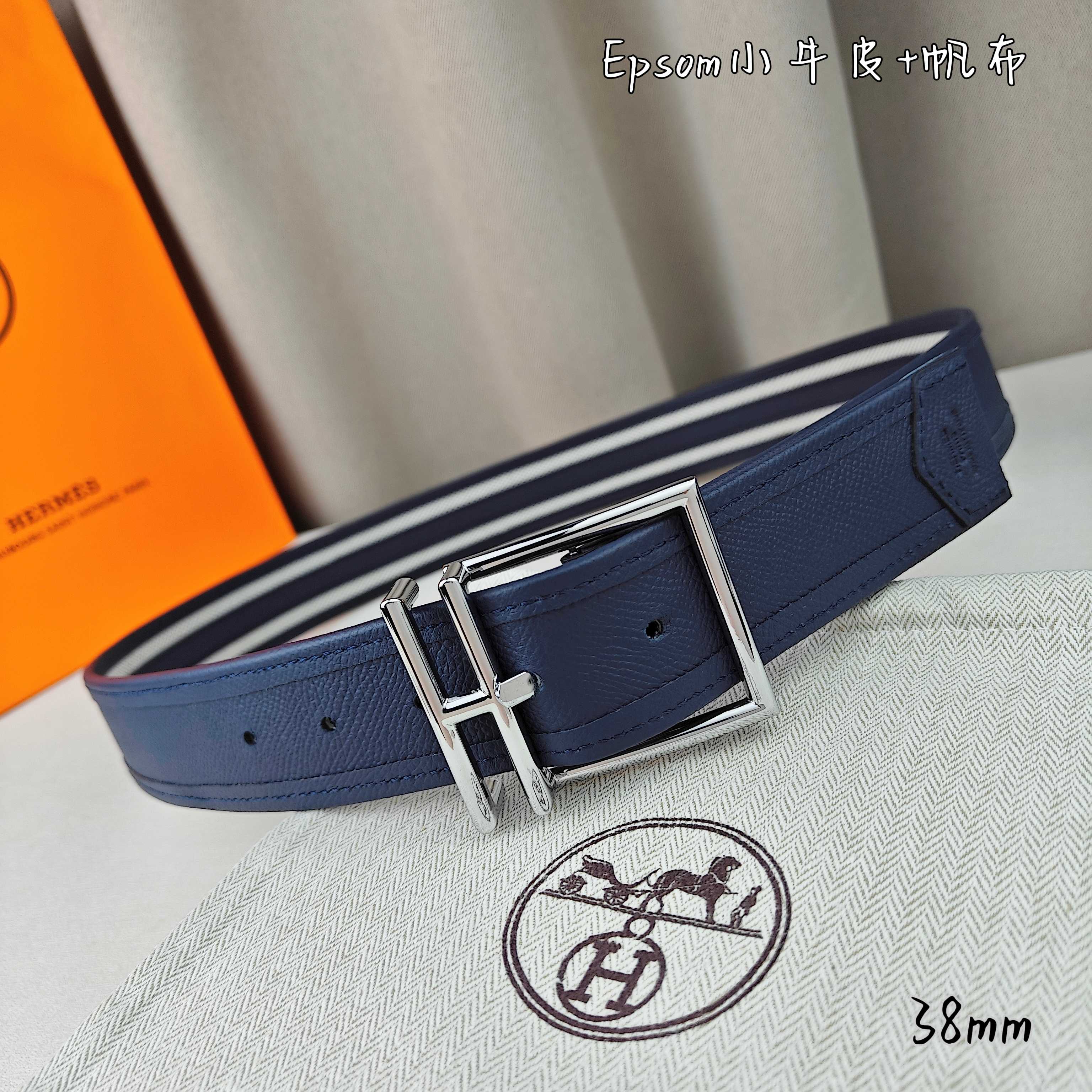  Hermès 爱马仕 新款针扣皮带  原单品质  原版EPsom小牛皮搭配帆布材质  深蓝色  38