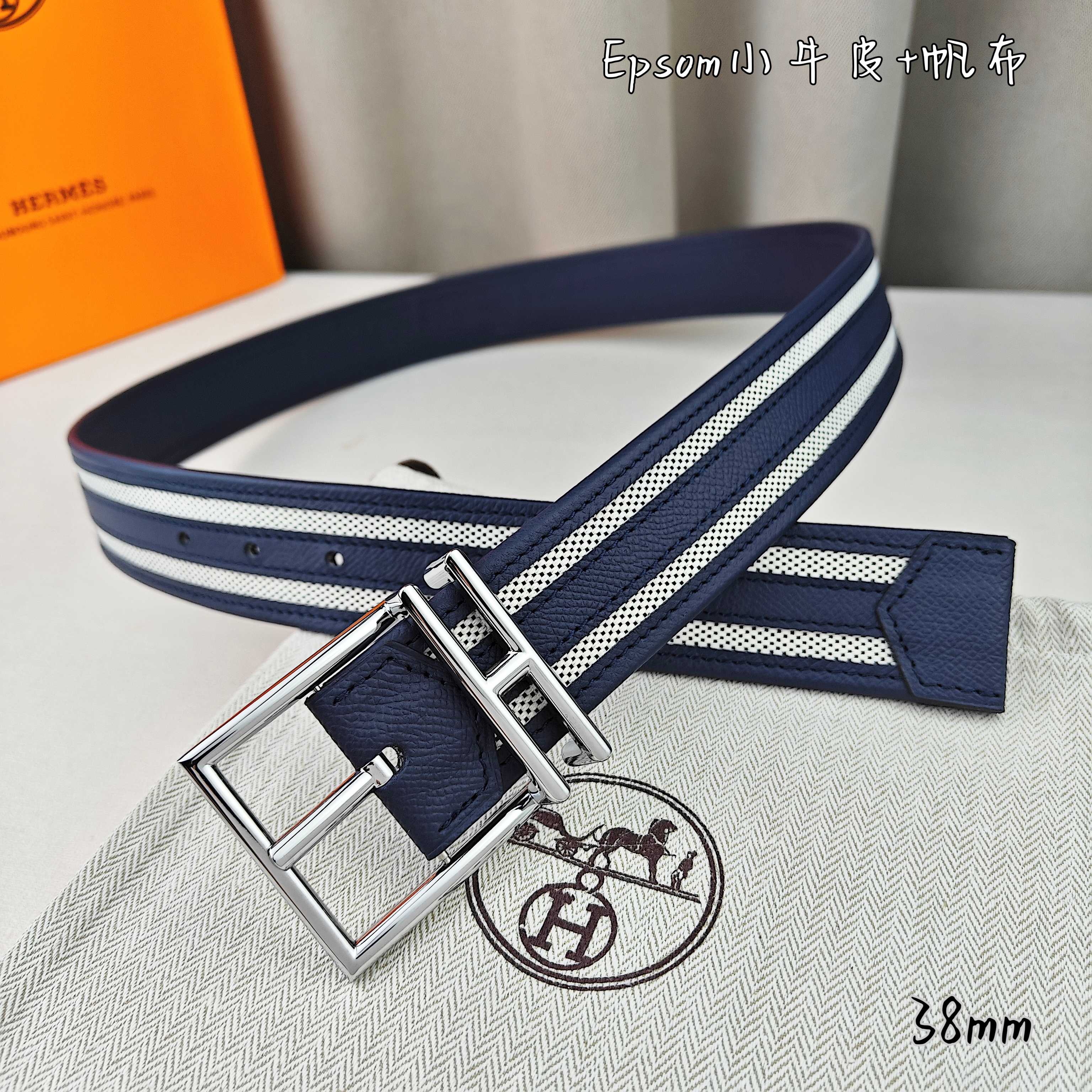   Hermès 爱马仕 新款针扣皮带  原单品质  原版EPsom小牛皮搭配帆布材质  深蓝色  38