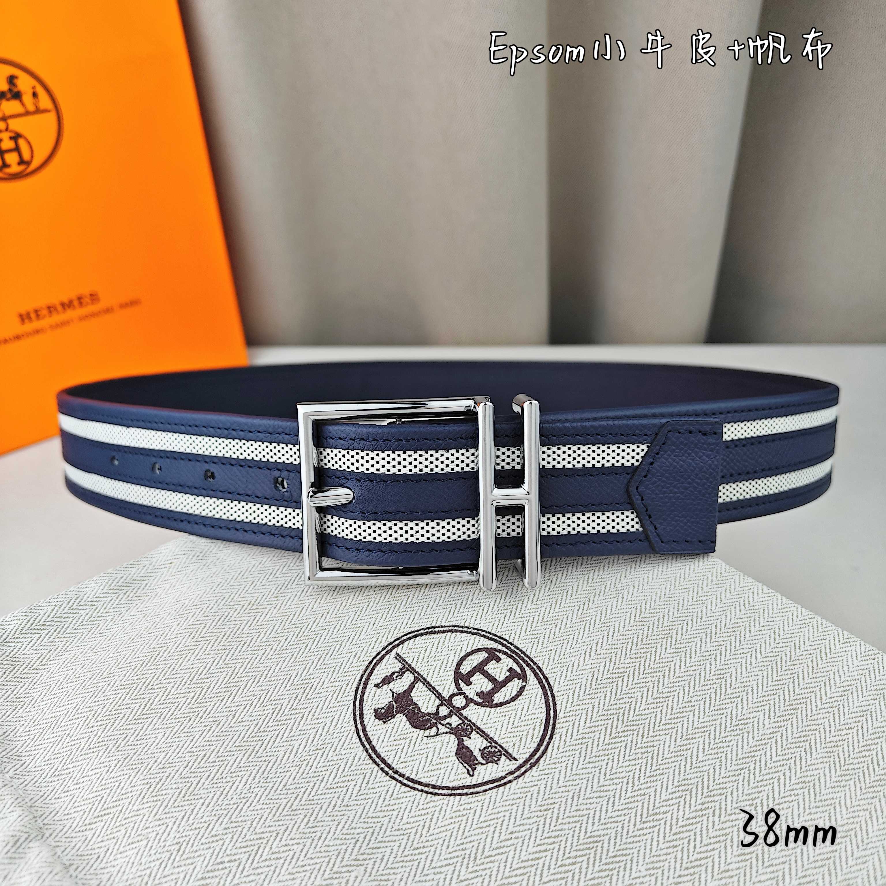   Hermès 爱马仕 新款针扣皮带  原单品质  原版EPsom小牛皮搭配帆布材质  深蓝色  38