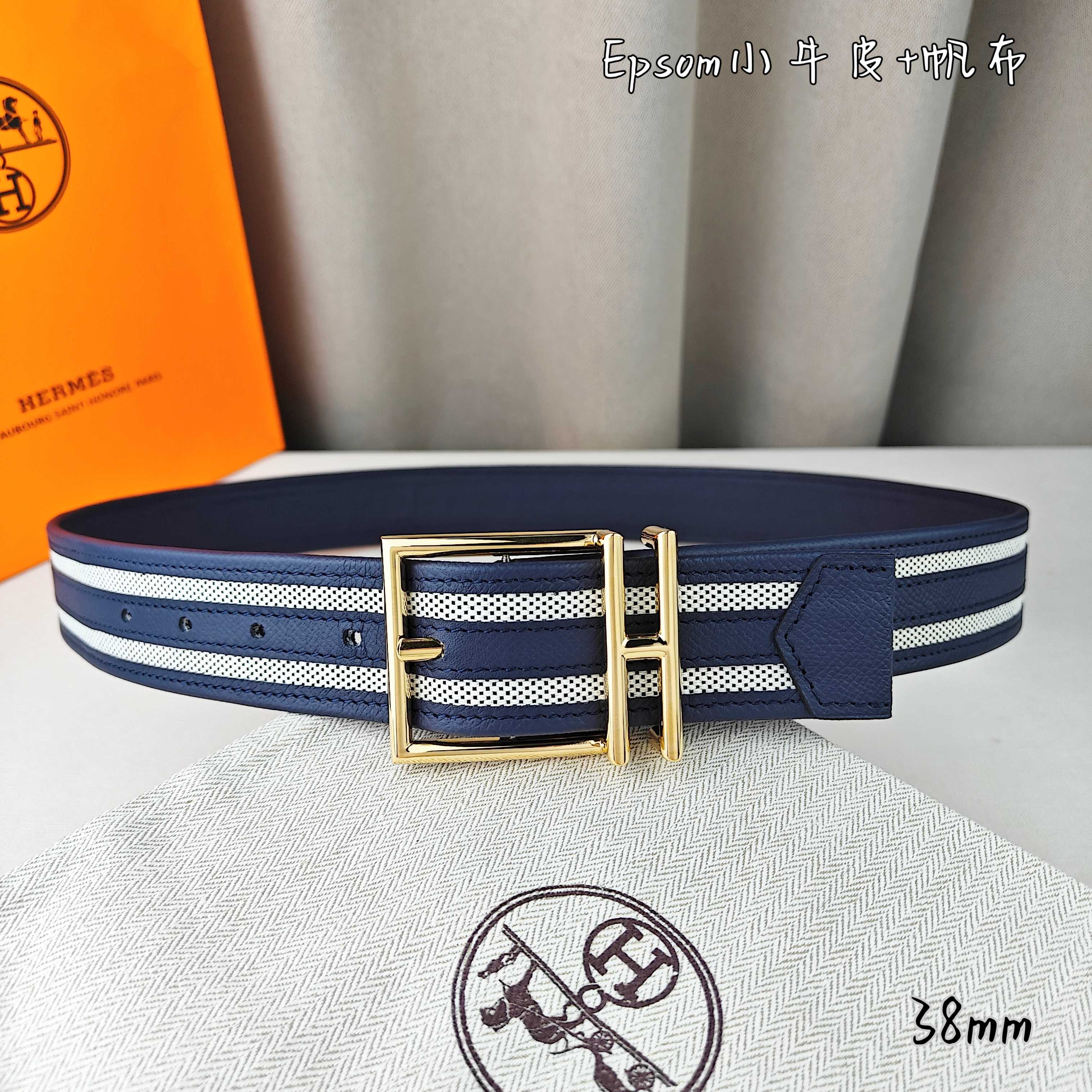   Hermès 爱马仕 新款针扣皮带  原单品质  原版EPsom小牛皮搭配帆布材质  深蓝色  38