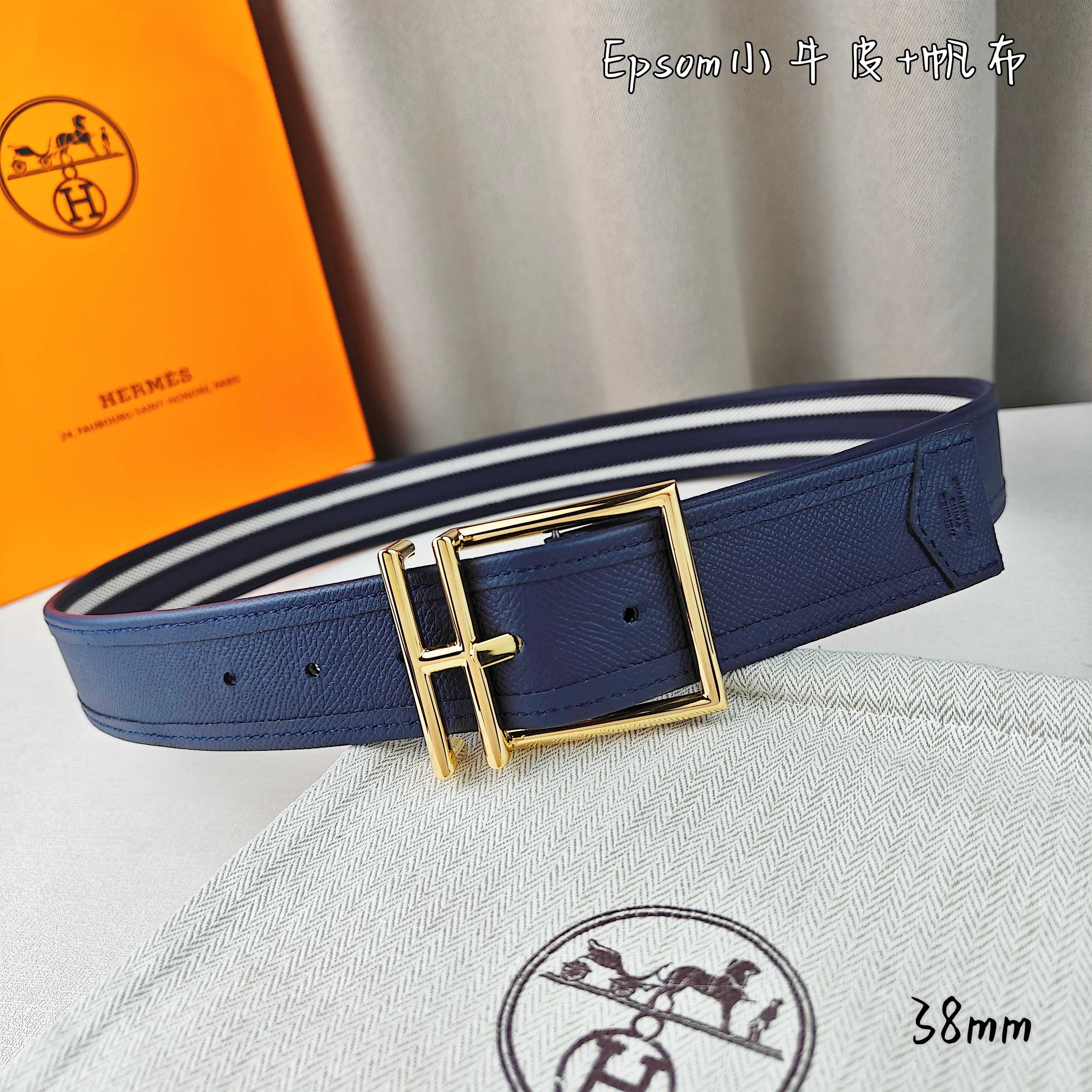   Hermès 爱马仕 新款针扣皮带  原单品质  原版EPsom小牛皮搭配帆布材质  深蓝色  38
