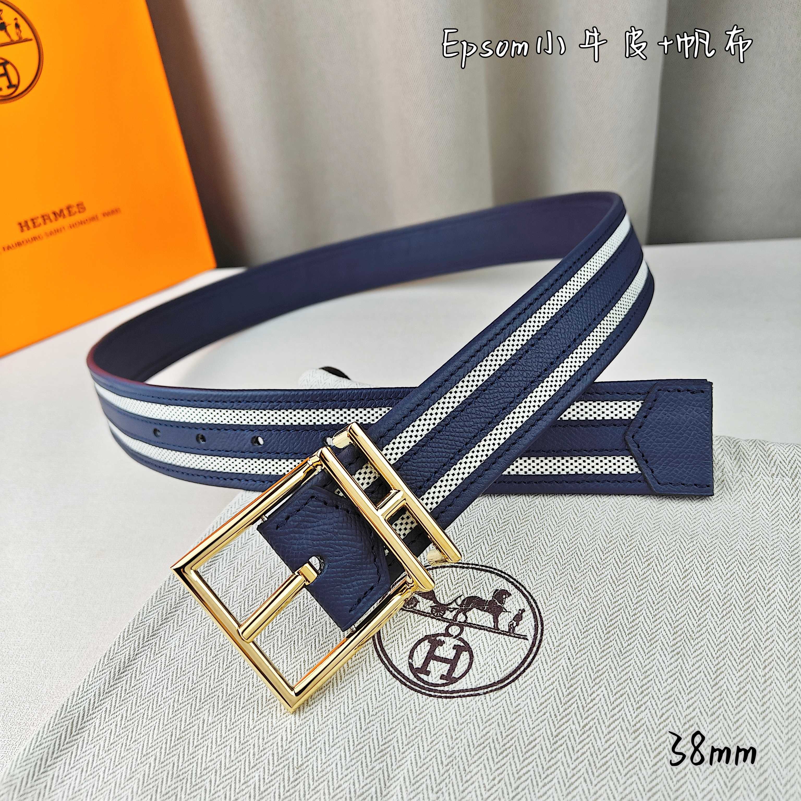   Hermès 爱马仕 新款针扣皮带  原单品质  原版EPsom小牛皮搭配帆布材质  深蓝色  38