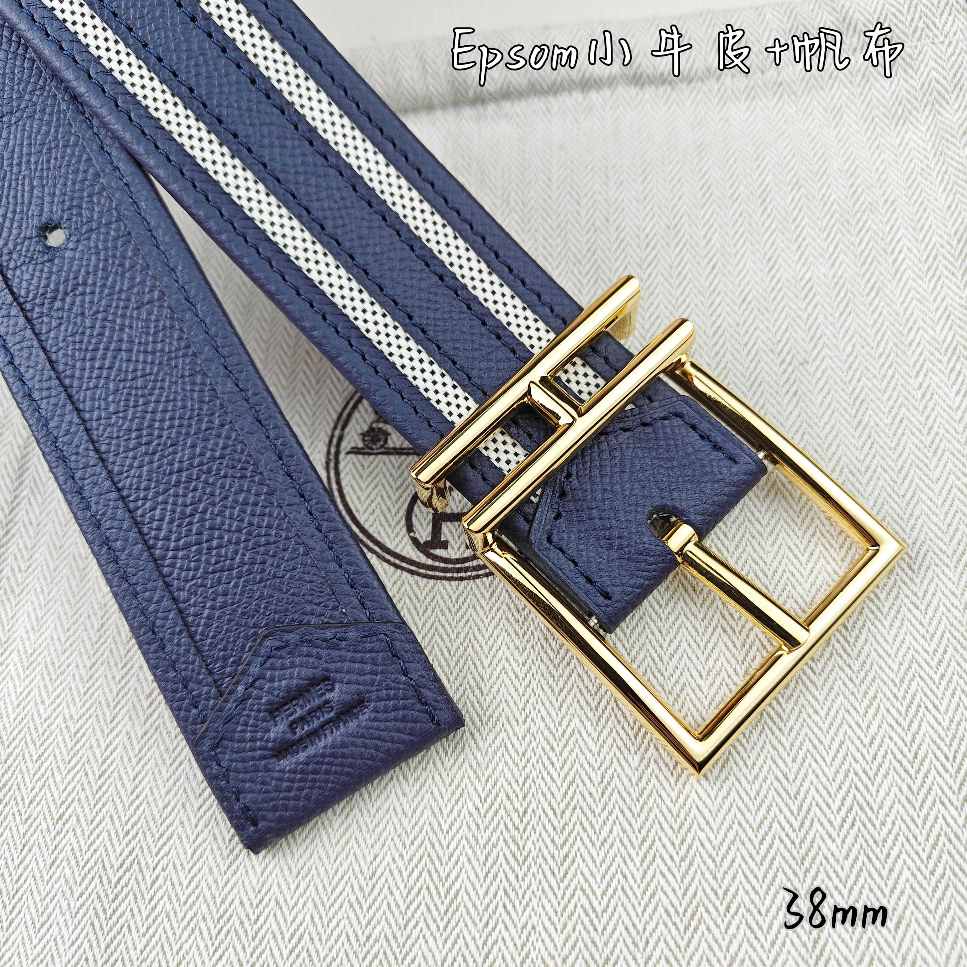   Hermès 爱马仕 新款针扣皮带  原单品质  原版EPsom小牛皮搭配帆布材质  深蓝色  38