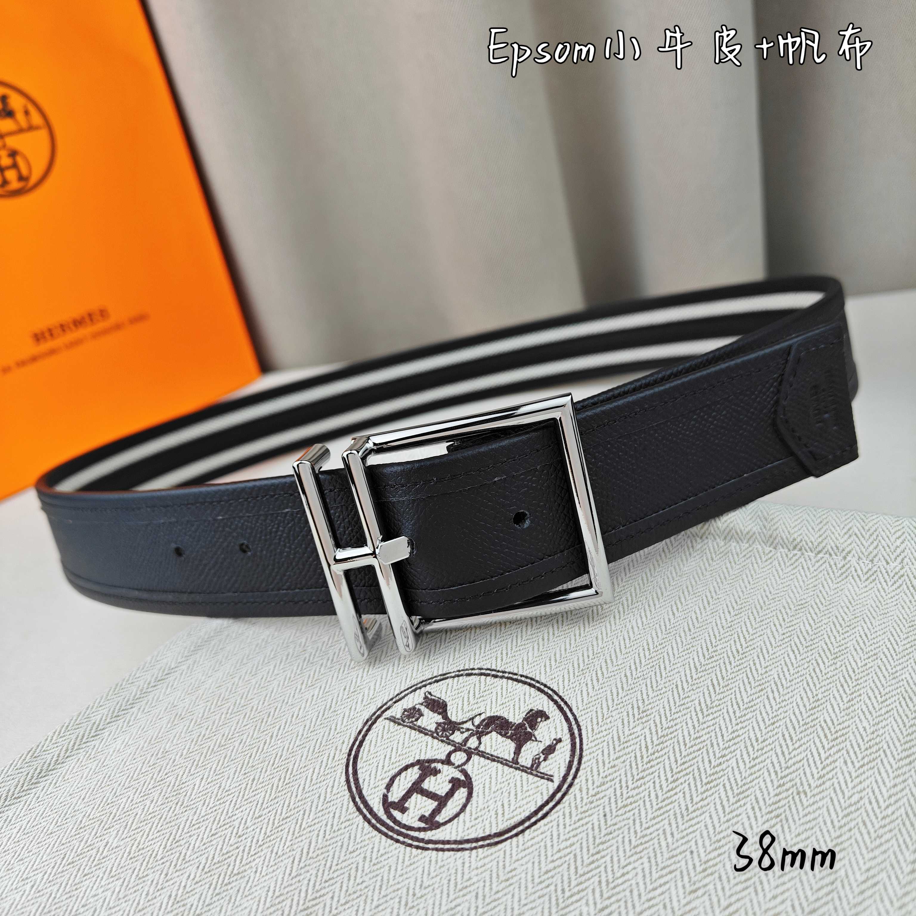   Hermès 爱马仕 新款针扣皮带  原单品质  原版EPsom小牛皮搭配帆布材质  黑色  38m