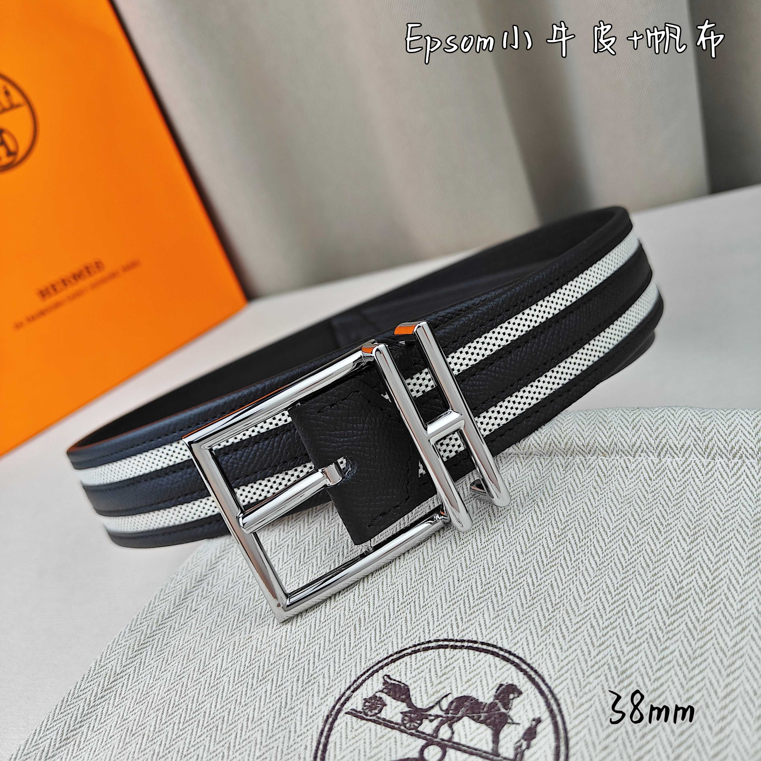   Hermès 爱马仕 新款针扣皮带  原单品质  原版EPsom小牛皮搭配帆布材质  黑色  38m