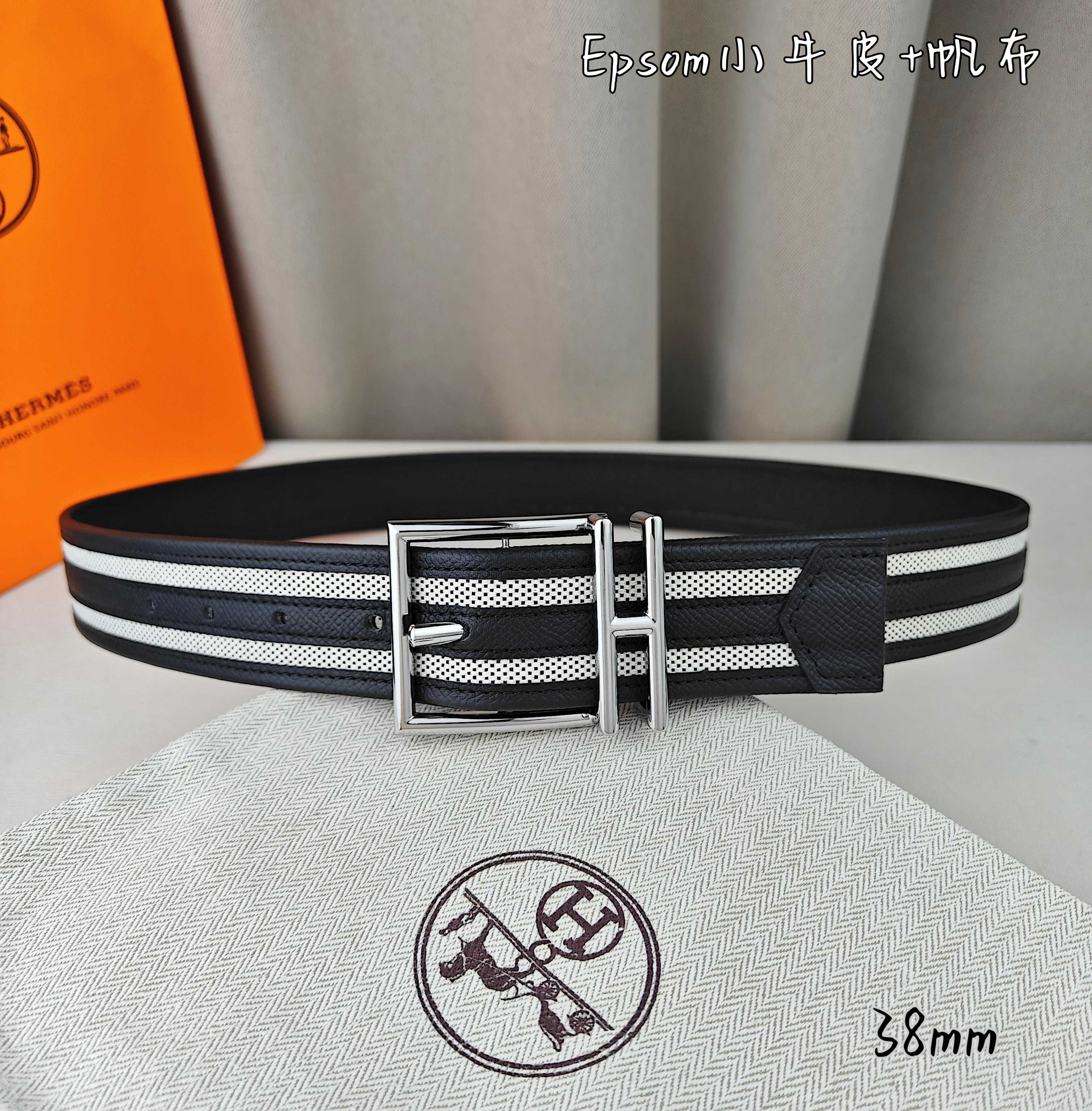   Hermès 爱马仕 新款针扣皮带  原单品质  原版EPsom小牛皮搭配帆布材质  黑色  38m