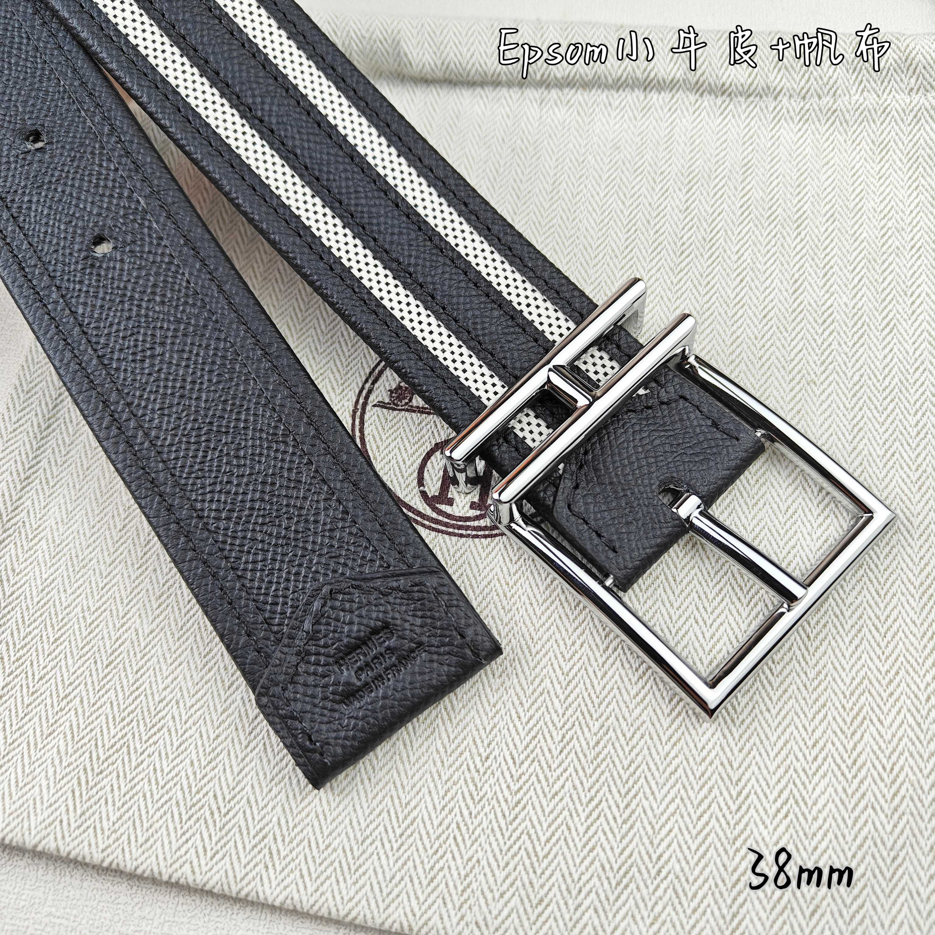   Hermès 爱马仕 新款针扣皮带  原单品质  原版EPsom小牛皮搭配帆布材质  黑色  38m