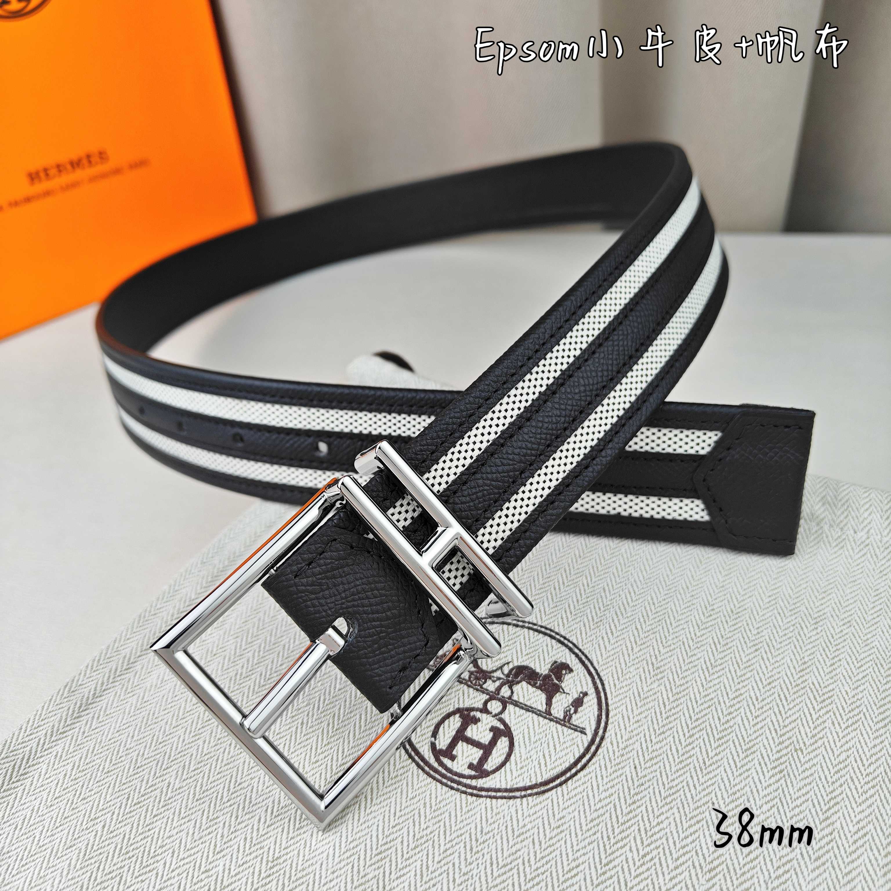   Hermès 爱马仕 新款针扣皮带  原单品质  原版EPsom小牛皮搭配帆布材质  黑色  38m