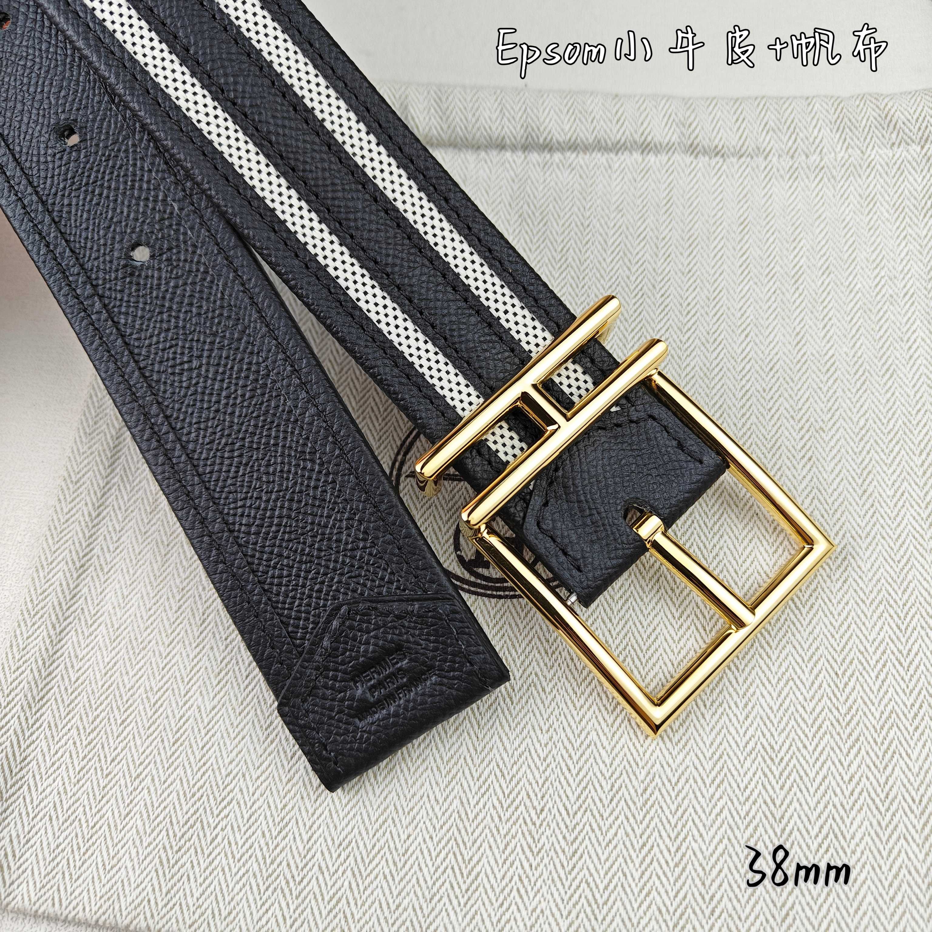   Hermès 爱马仕 新款针扣皮带  原单品质  原版EPsom小牛皮搭配帆布材质  黑色  38m
