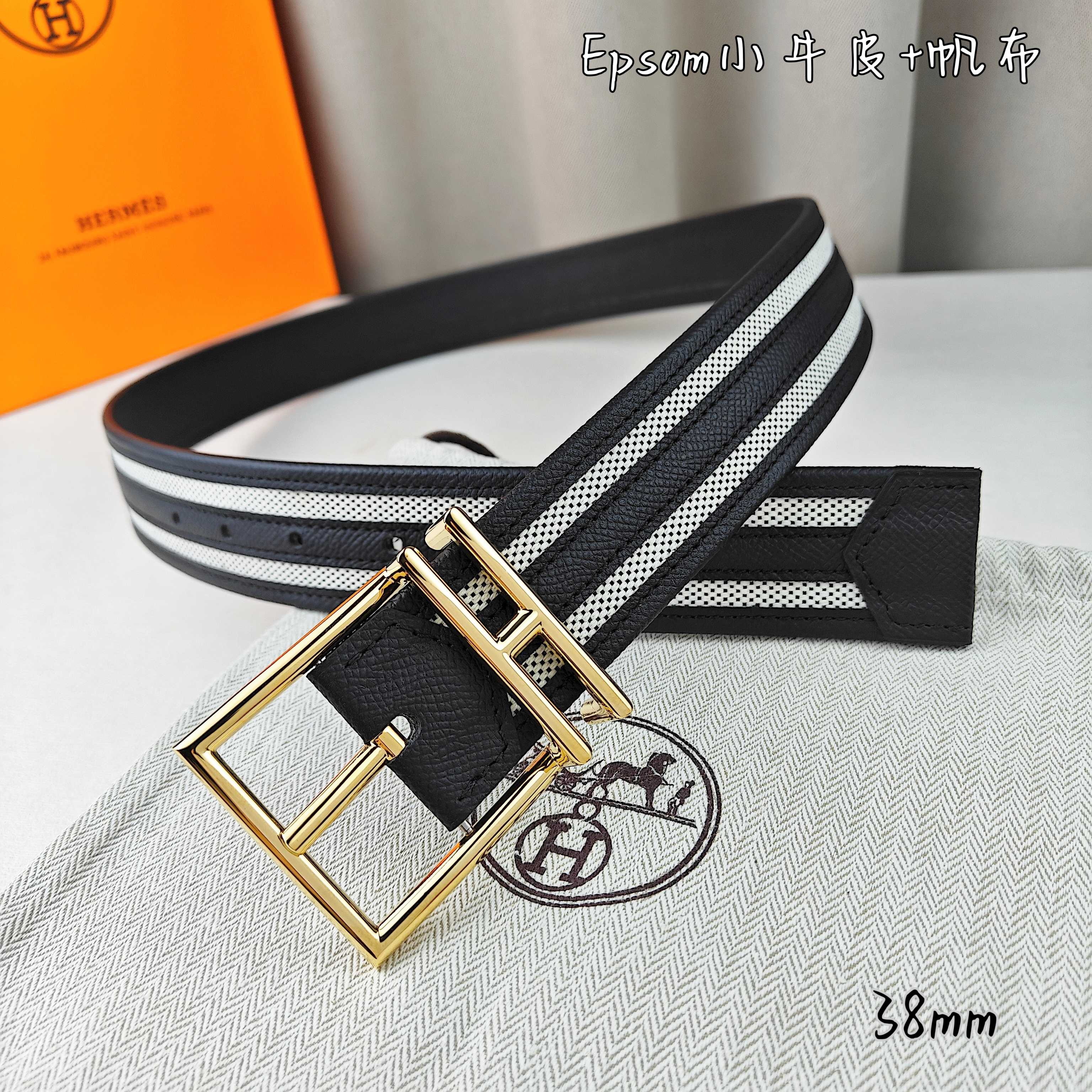  Hermès 爱马仕 新款针扣皮带  原单品质  原版EPsom小牛皮搭配帆布材质  黑色  38m