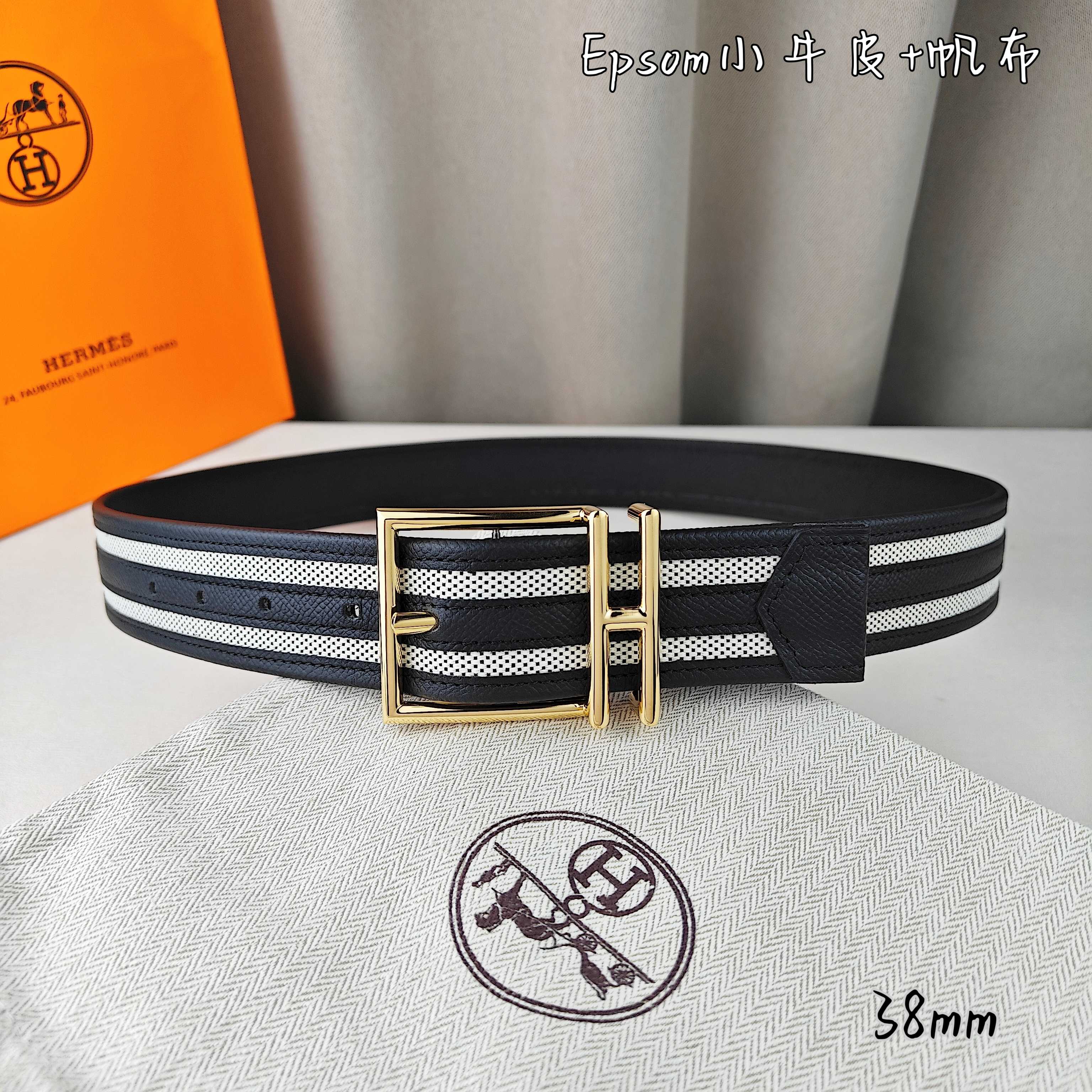   Hermès 爱马仕 新款针扣皮带  原单品质  原版EPsom小牛皮搭配帆布材质  黑色  38m