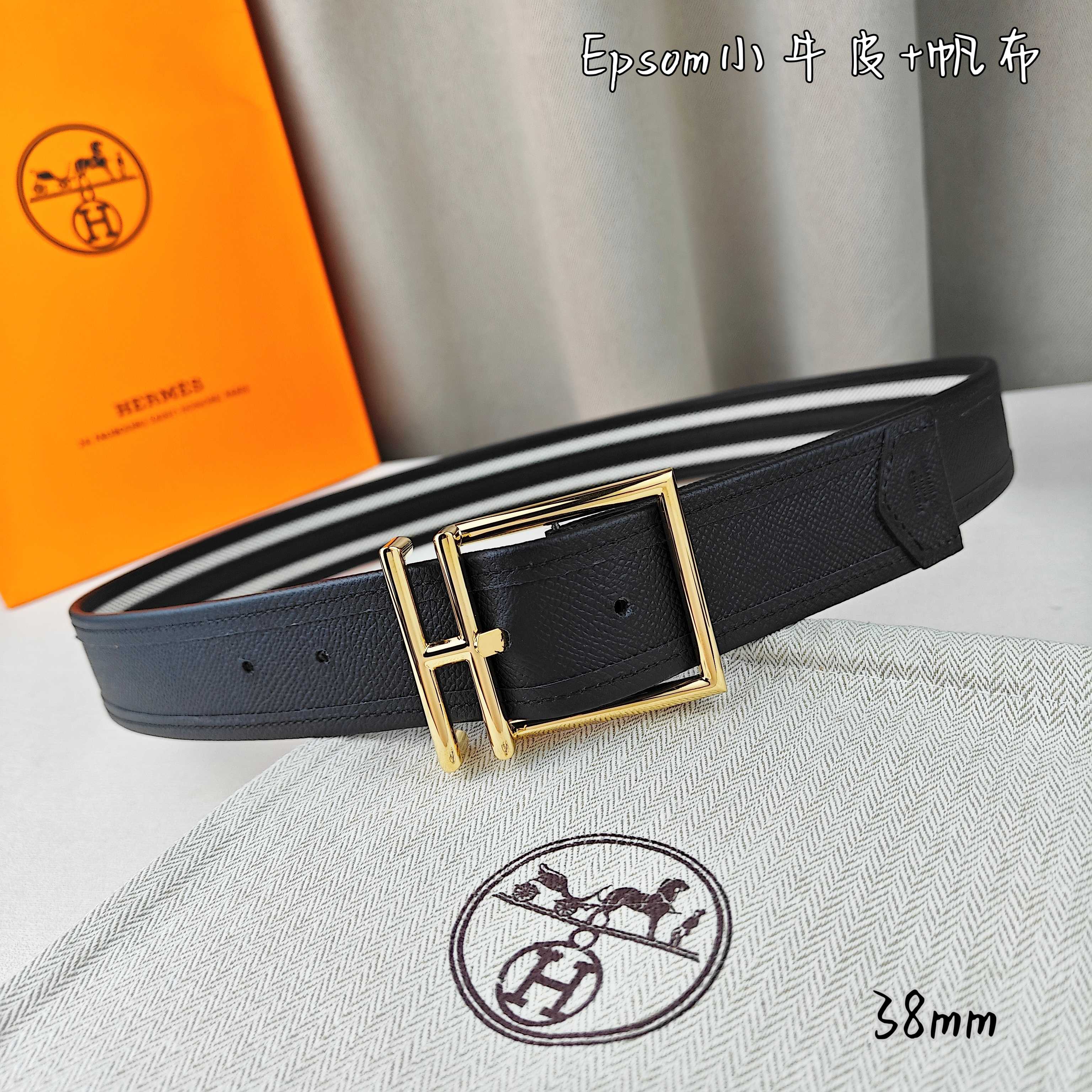   Hermès 爱马仕 新款针扣皮带  原单品质  原版EPsom小牛皮搭配帆布材质  黑色  38m
