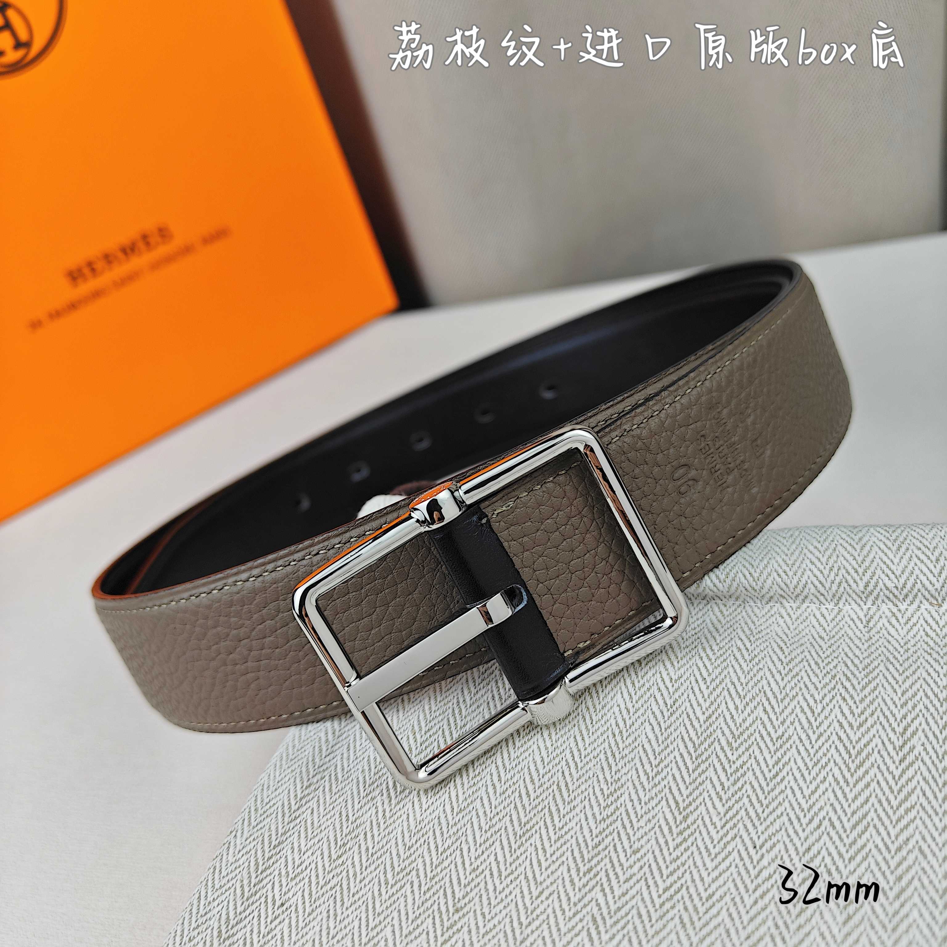   Hermès 爱马仕针扣  原单品质 进口头层牛皮 深蓝色荔枝纹搭配黑色平纹   32mm宽  双面可用  配官网H亮金/亮银扣 P190