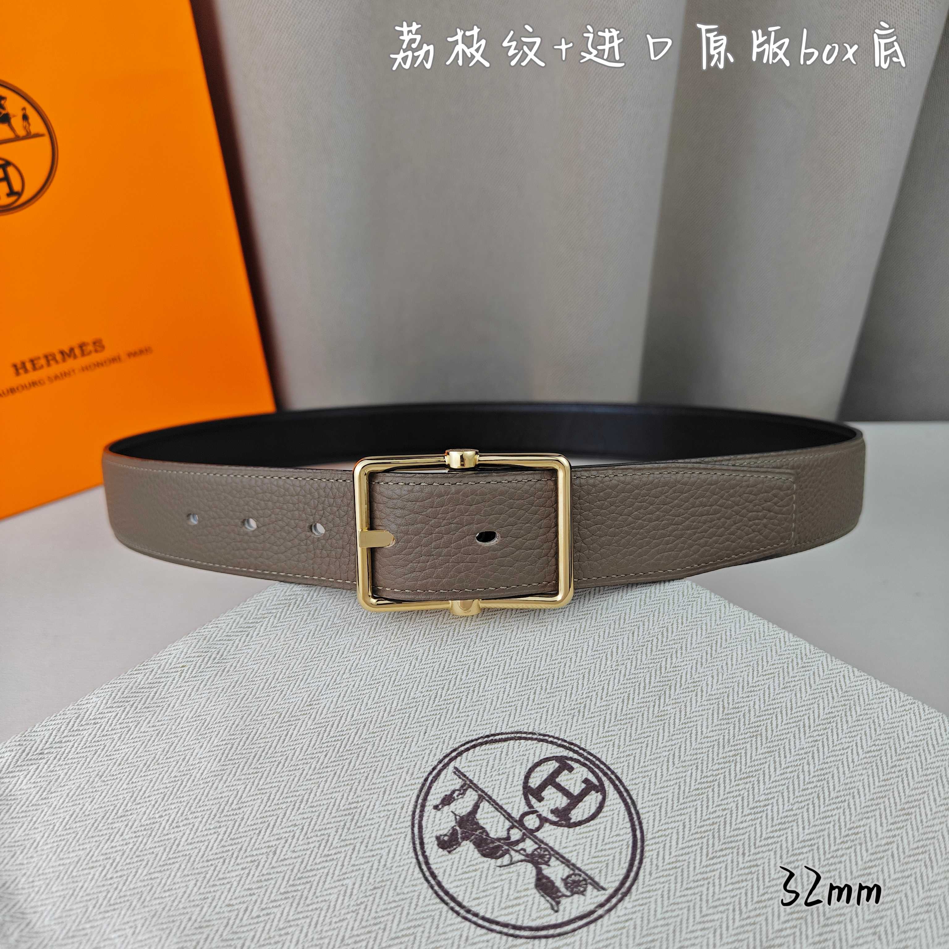   Hermès 爱马仕针扣  原单品质 进口头层牛皮 深蓝色荔枝纹搭配黑色平纹   32mm宽  双面可用  配官网H亮金/亮银扣 P190