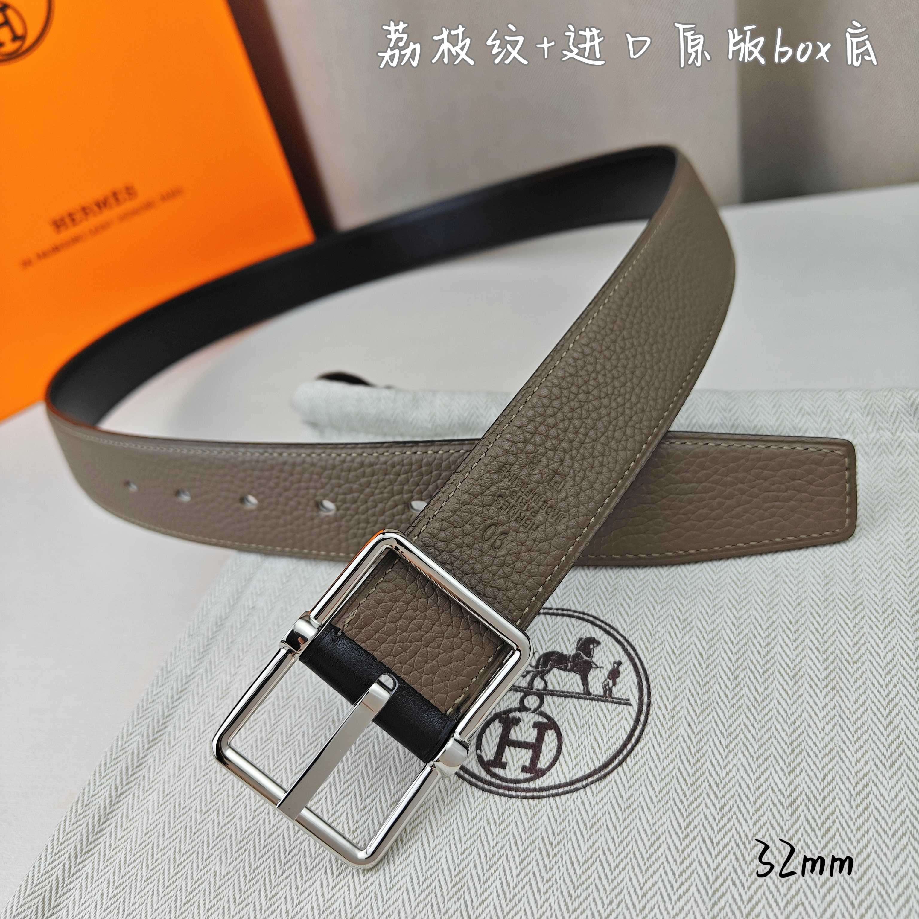  Hermès 爱马仕针扣  原单品质 进口头层牛皮 深蓝色荔枝纹搭配黑色平纹   32mm宽  双面可用  配官网H亮金/亮银扣 P190