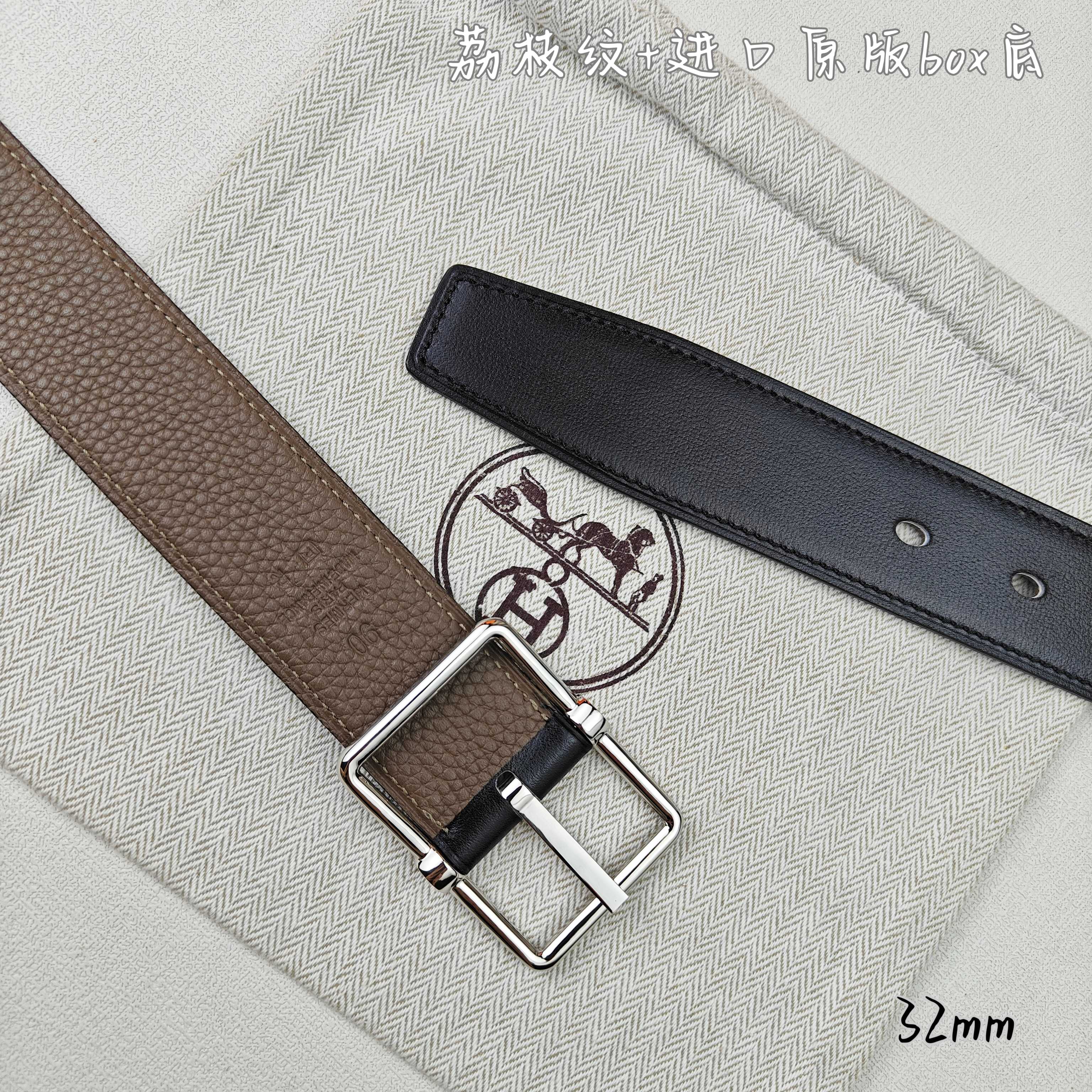   Hermès 爱马仕针扣  原单品质 进口头层牛皮 深蓝色荔枝纹搭配黑色平纹   32mm宽  双面可用  配官网H亮金/亮银扣 P190