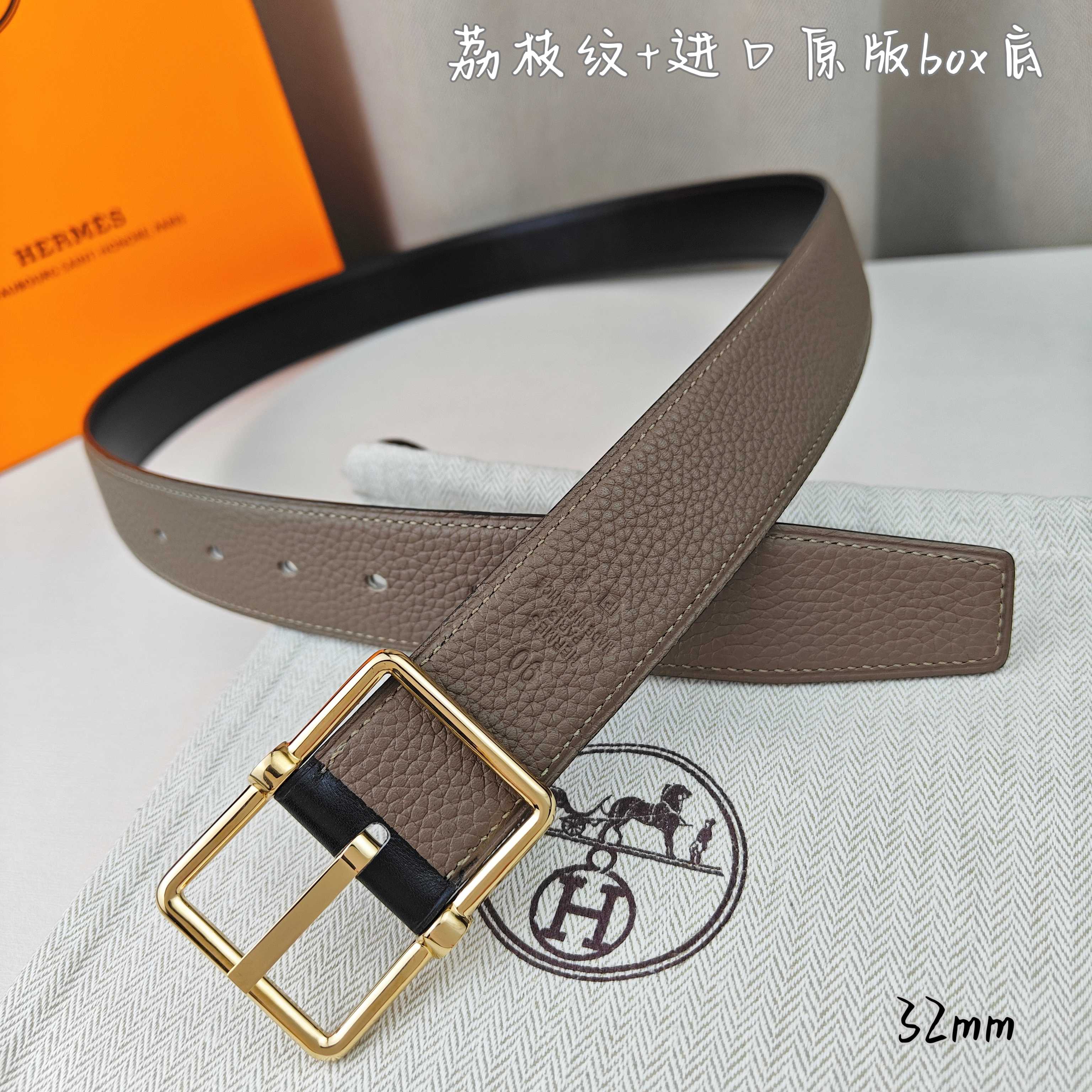   Hermès 爱马仕针扣  原单品质 进口头层牛皮 深蓝色荔枝纹搭配黑色平纹   32mm宽  双面可用  配官网H亮金/亮银扣 P190