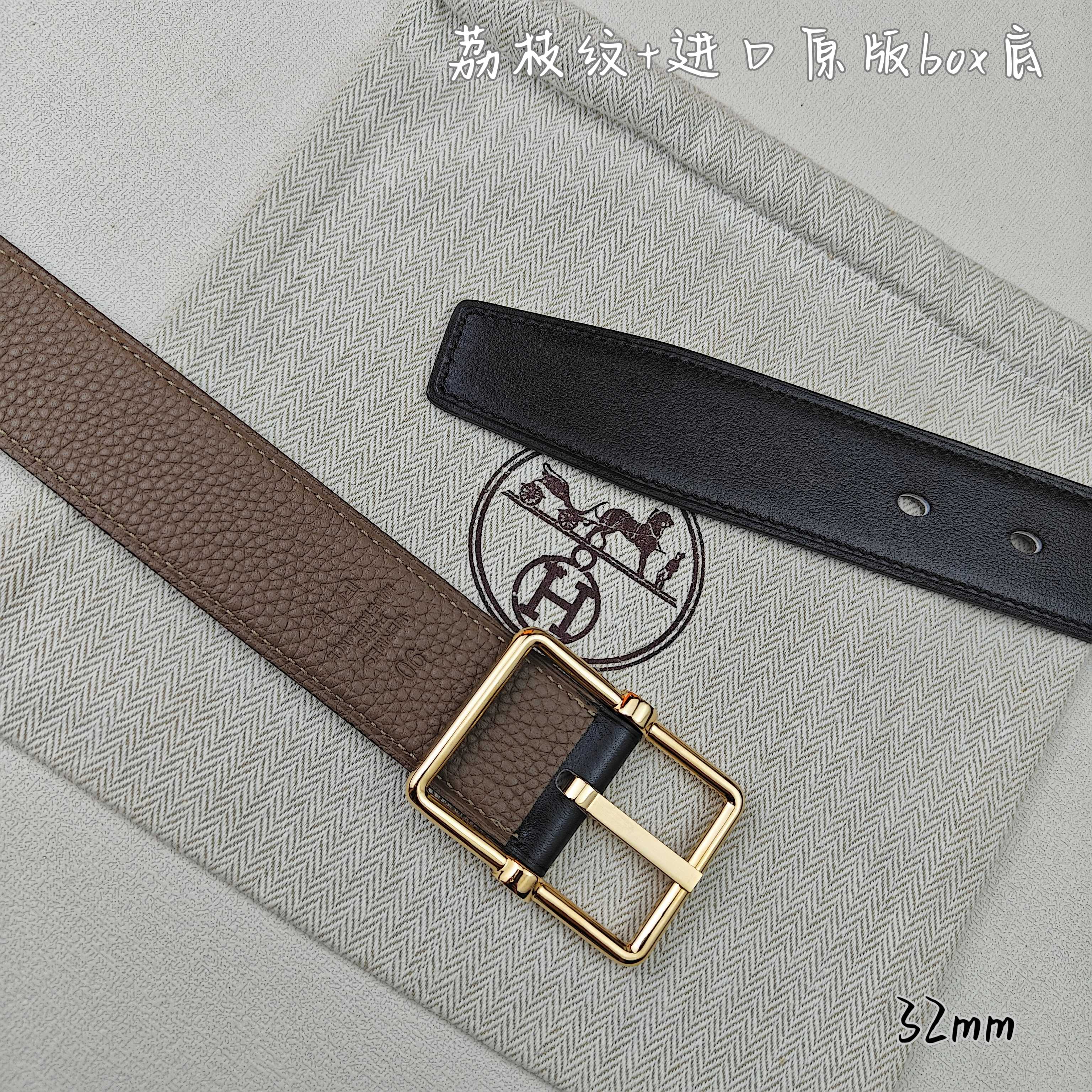   Hermès 爱马仕针扣  原单品质 进口头层牛皮 深蓝色荔枝纹搭配黑色平纹   32mm宽  双面可用  配官网H亮金/亮银扣 P190