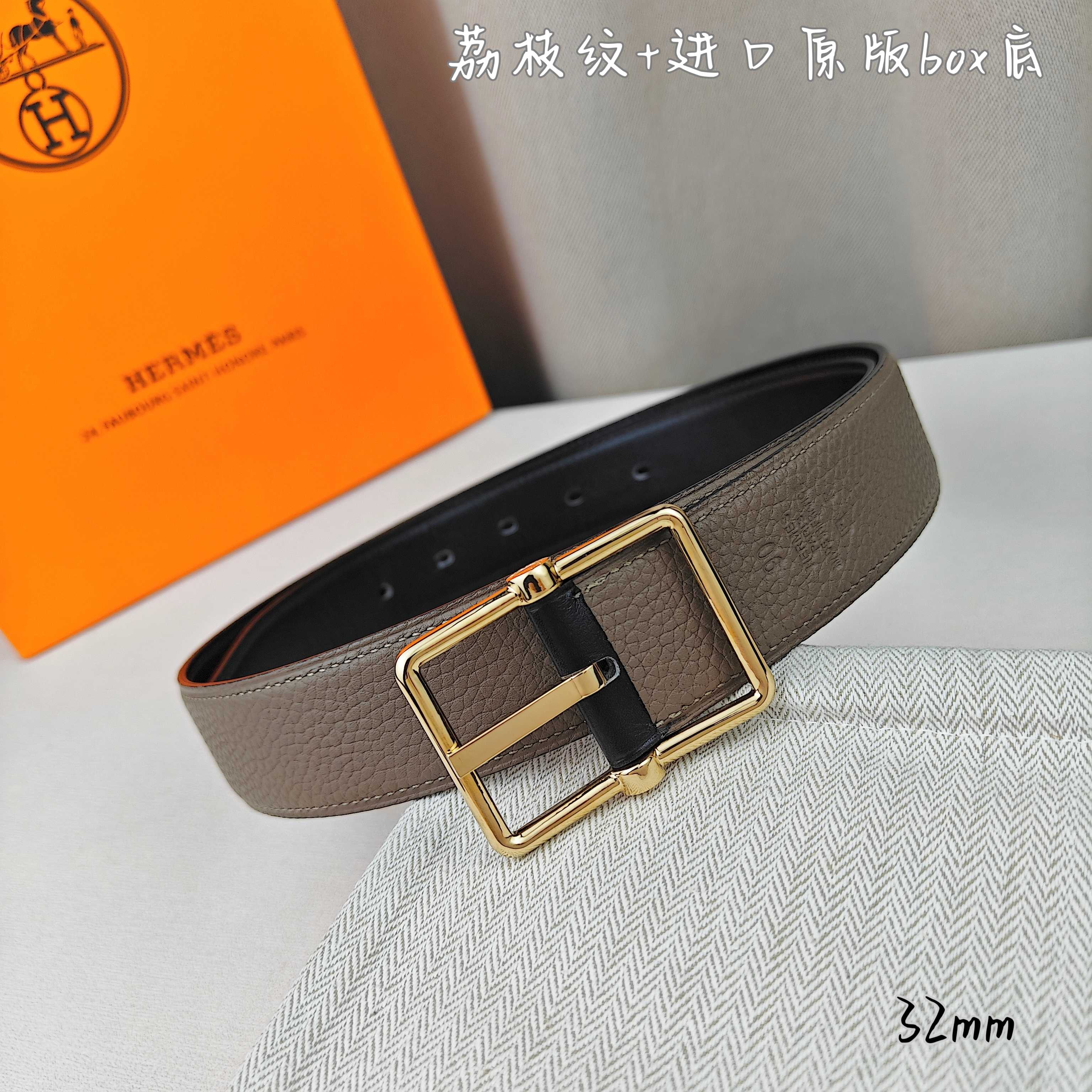   Hermès 爱马仕针扣  原单品质 进口头层牛皮 深蓝色荔枝纹搭配黑色平纹   32mm宽  双面可用  配官网H亮金/亮银扣 P190