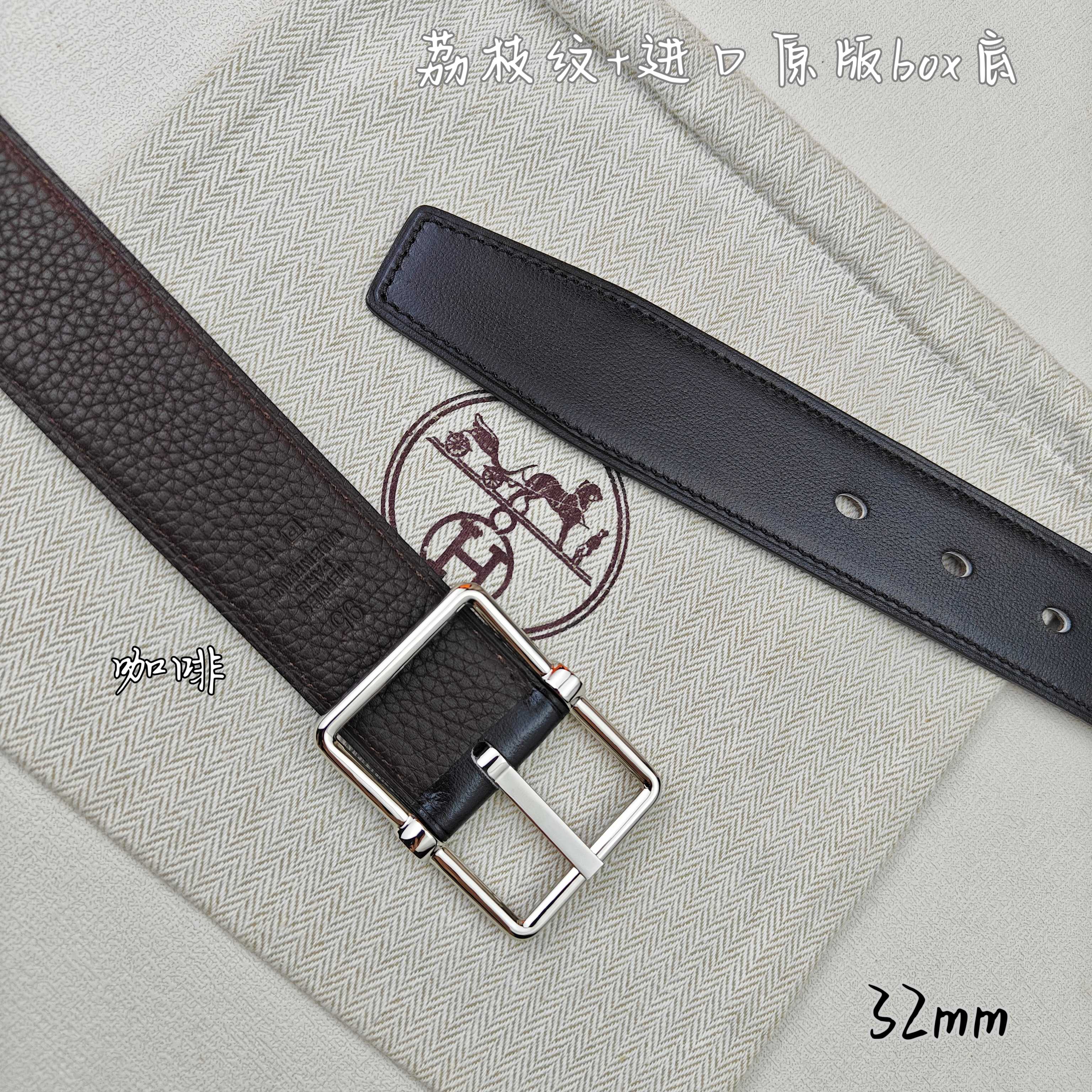   Hermès 爱马仕针扣  原单品质 进口头层牛皮 深蓝色荔枝纹搭配黑色平纹   32mm宽  双面可用  配官网H亮金/亮银扣 P190