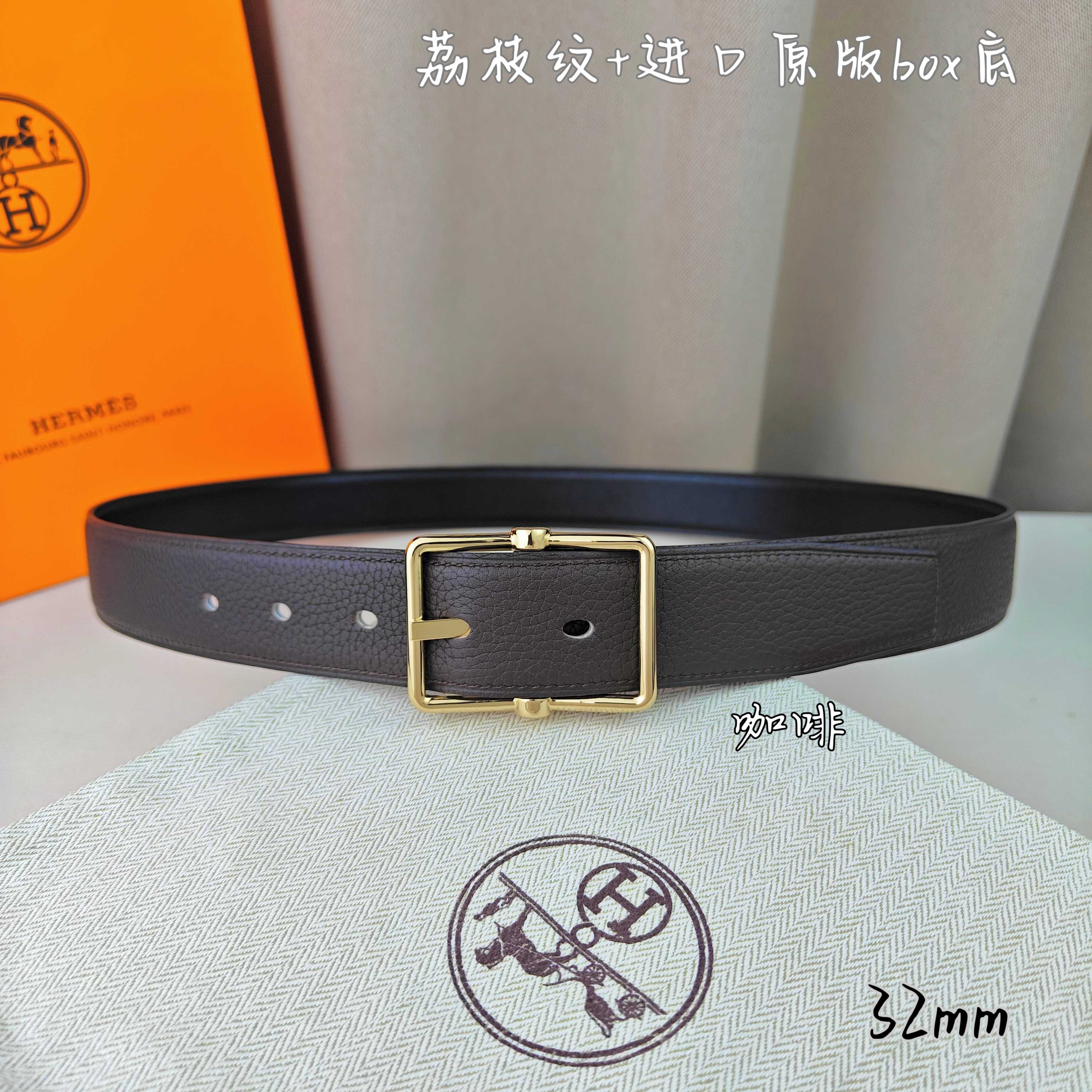   Hermès 爱马仕针扣  原单品质 进口头层牛皮 深蓝色荔枝纹搭配黑色平纹   32mm宽  双面可用  配官网H亮金/亮银扣 P190