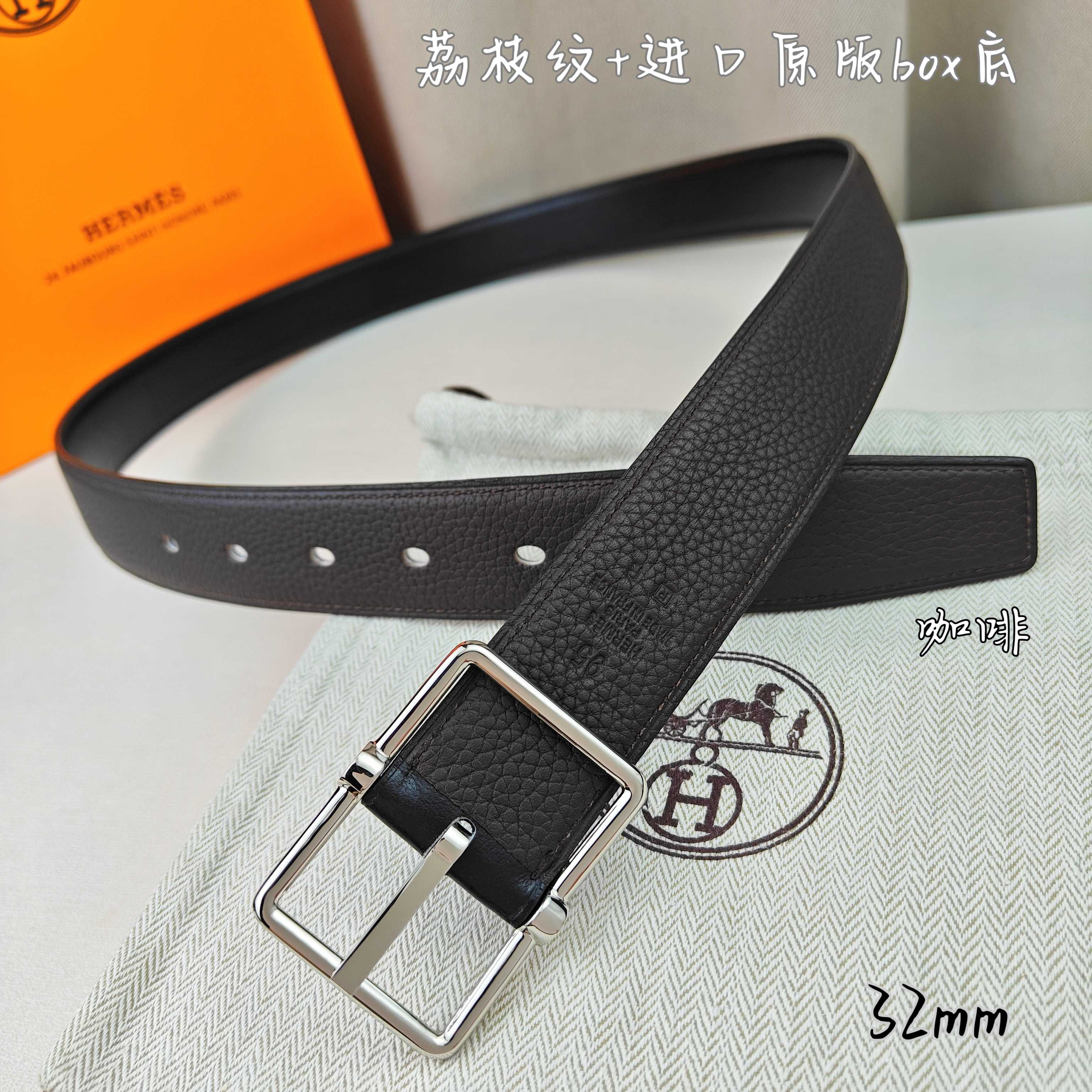   Hermès 爱马仕针扣  原单品质 进口头层牛皮 深蓝色荔枝纹搭配黑色平纹   32mm宽  双面可用  配官网H亮金/亮银扣 P190