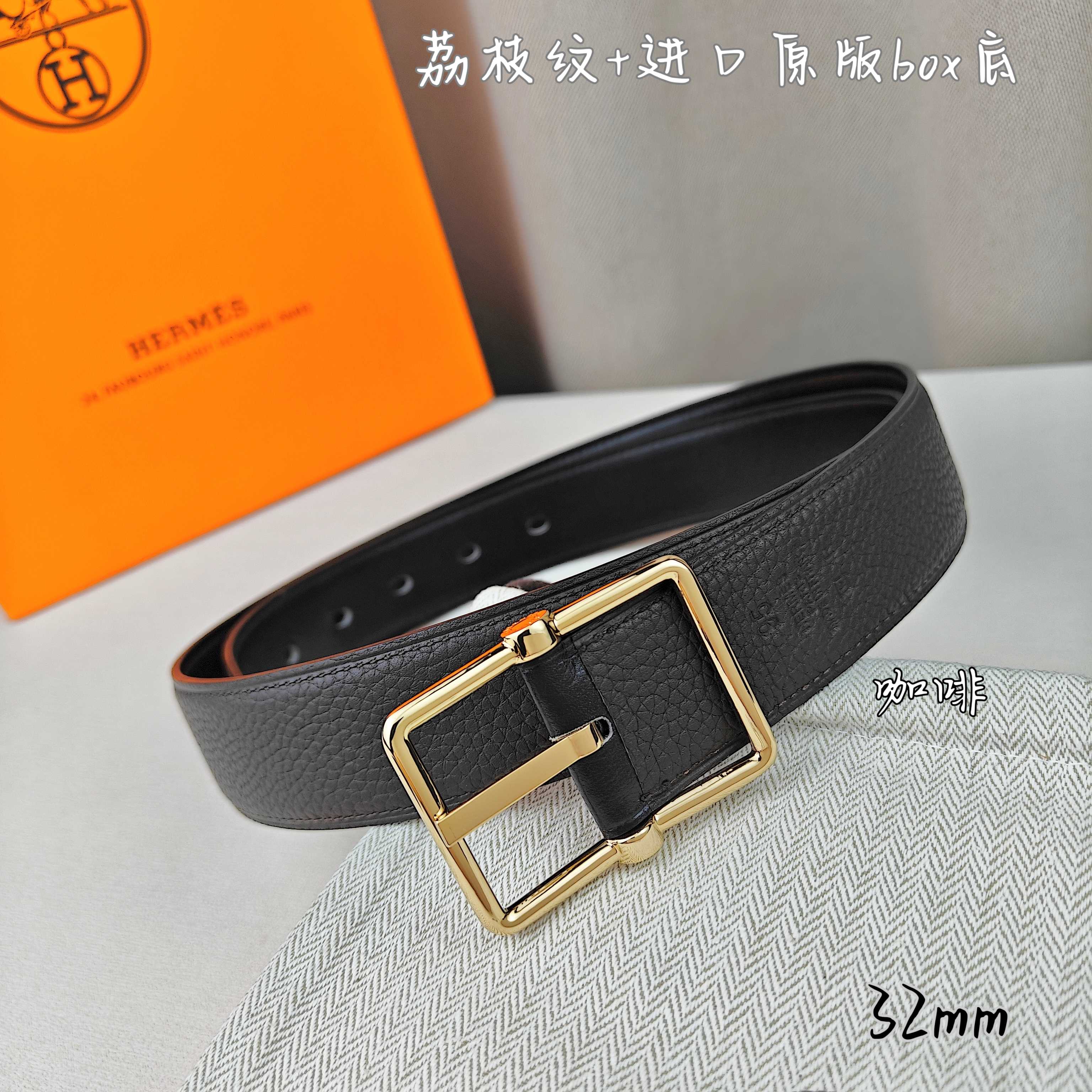   Hermès 爱马仕针扣  原单品质 进口头层牛皮 深蓝色荔枝纹搭配黑色平纹   32mm宽  双面可用  配官网H亮金/亮银扣 P190