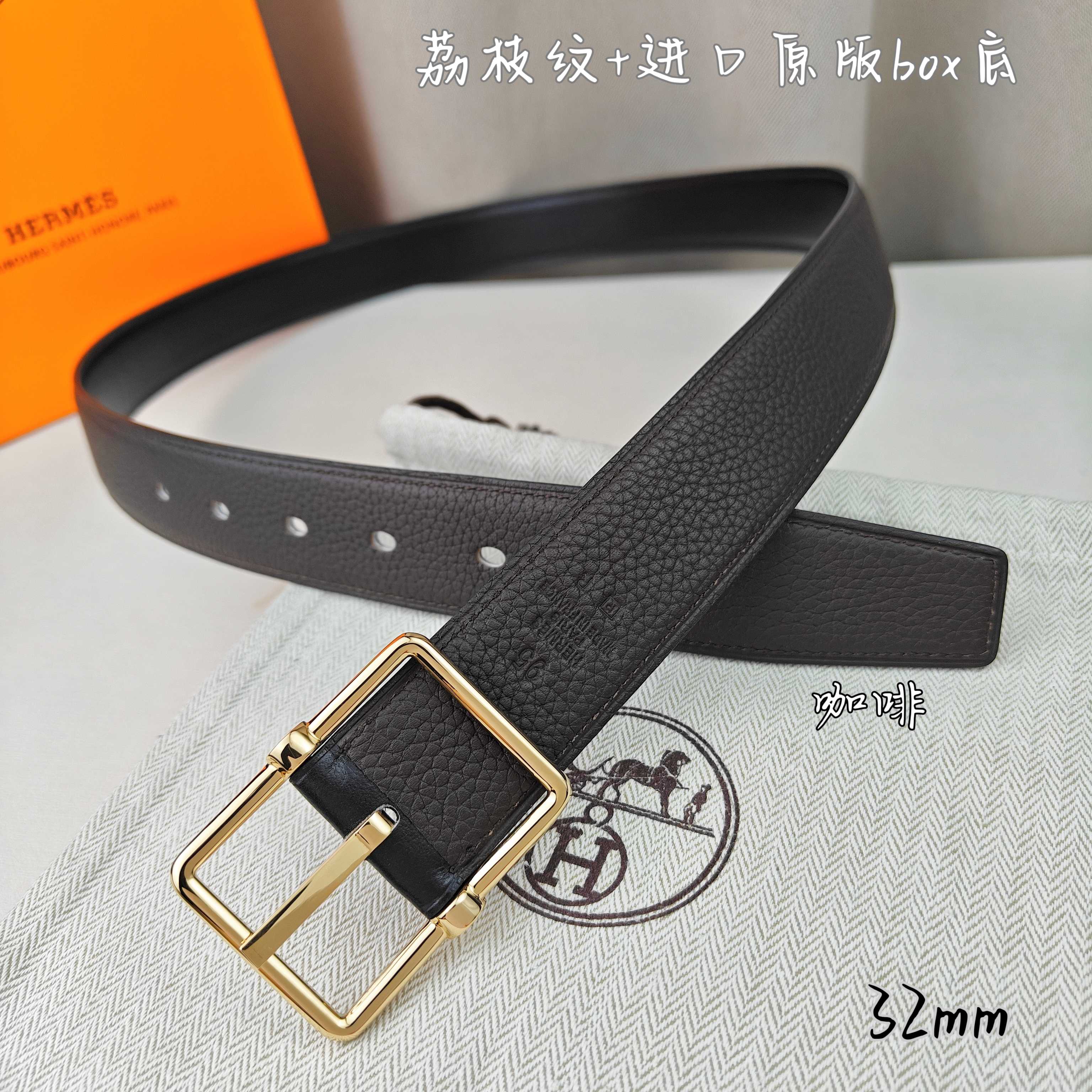   Hermès 爱马仕针扣  原单品质 进口头层牛皮 深蓝色荔枝纹搭配黑色平纹   32mm宽  双面可用  配官网H亮金/亮银扣 P190