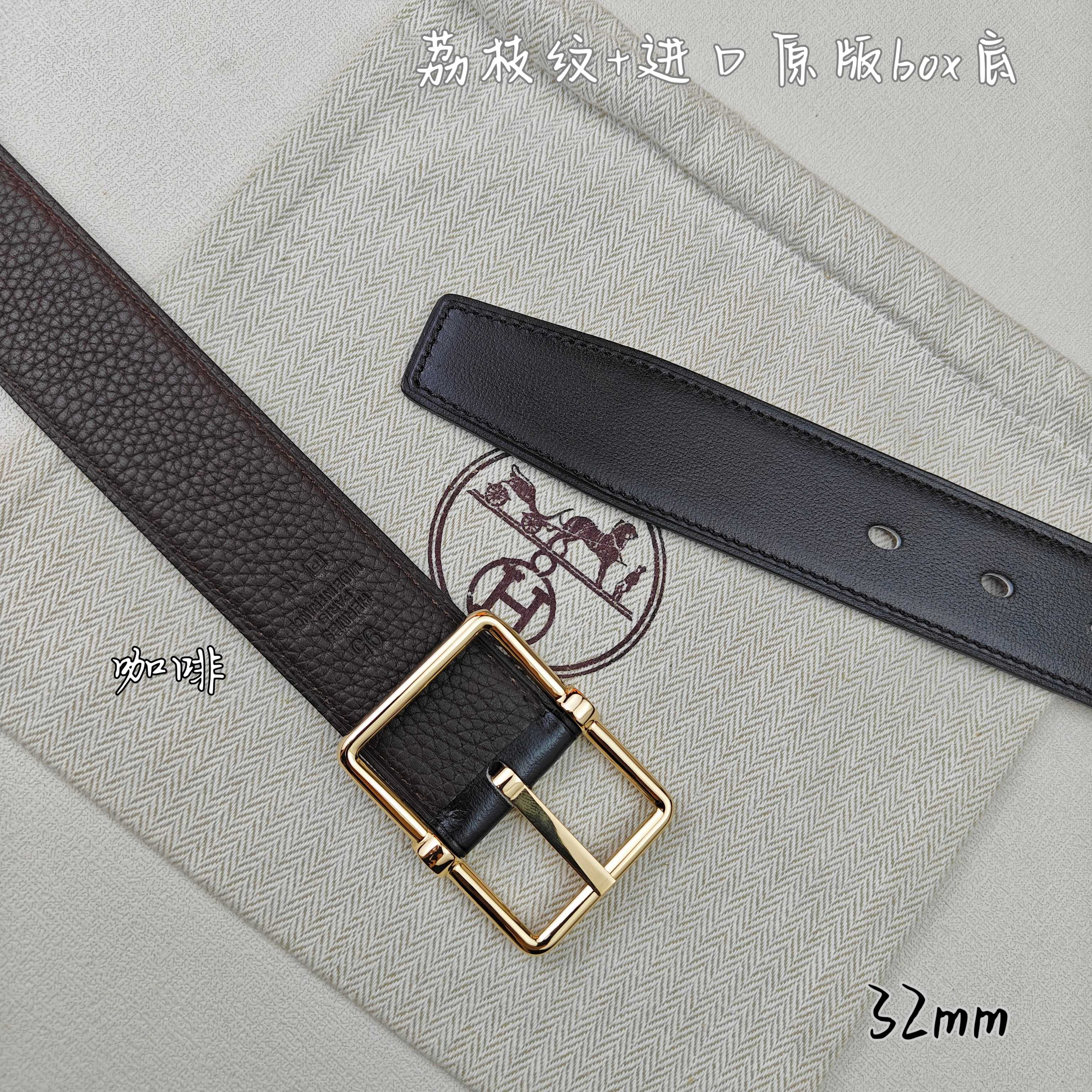   Hermès 爱马仕针扣  原单品质 进口头层牛皮 深蓝色荔枝纹搭配黑色平纹   32mm宽  双面可用  配官网H亮金/亮银扣 P190