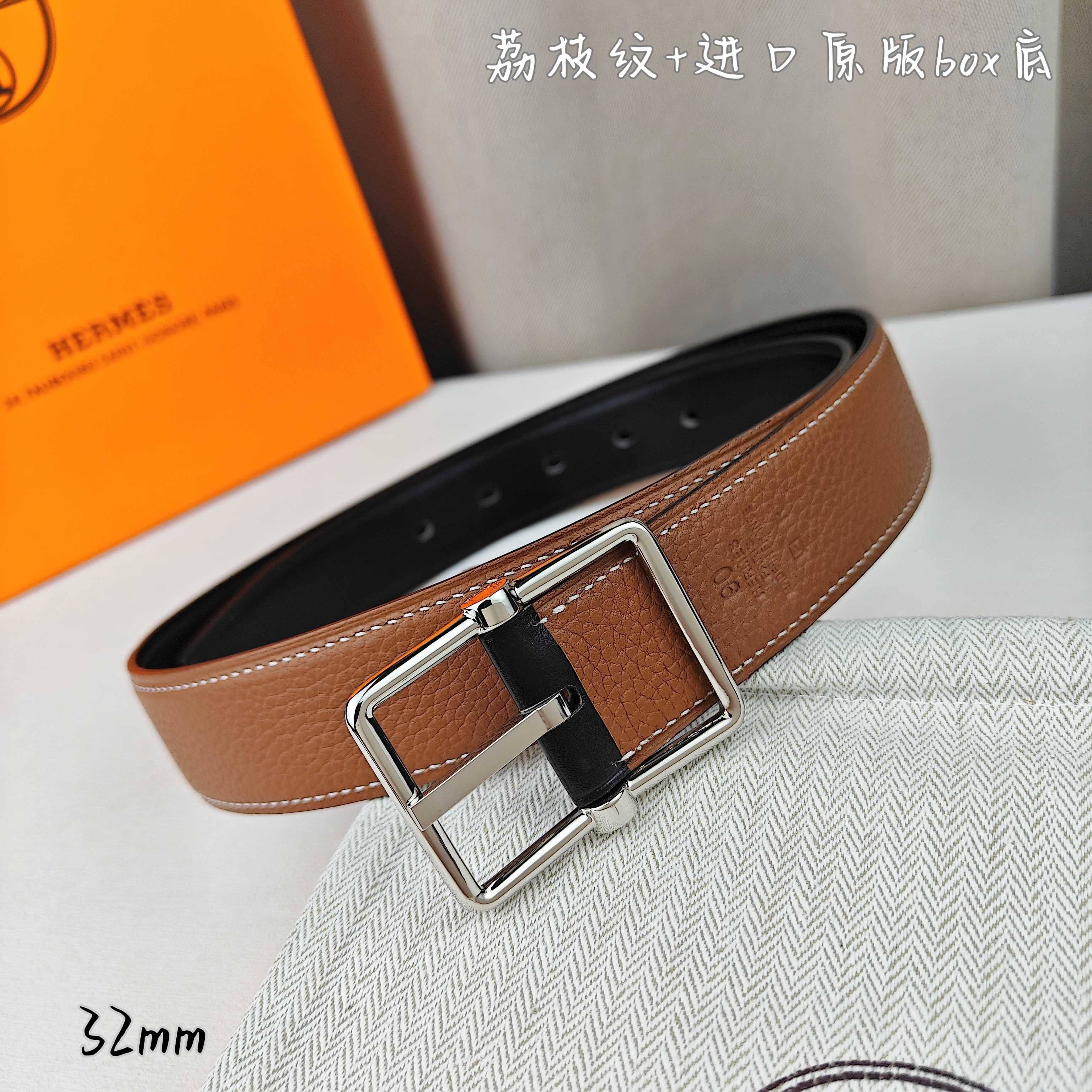   Hermès 爱马仕针扣  原单品质 进口头层牛皮 深蓝色荔枝纹搭配黑色平纹   32mm宽  双面可用  配官网H亮金/亮银扣 P190