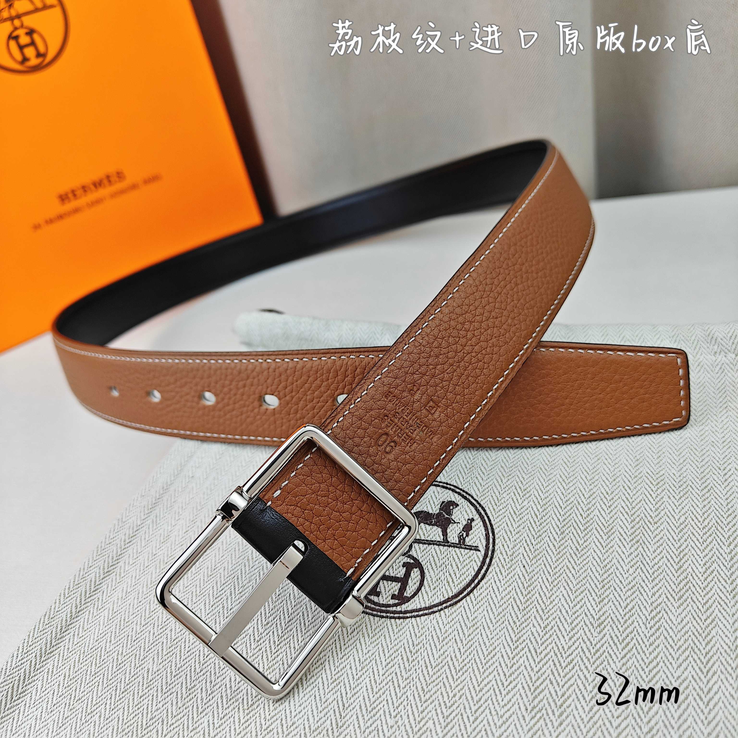   Hermès 爱马仕针扣  原单品质 进口头层牛皮 深蓝色荔枝纹搭配黑色平纹   32mm宽  双面可用  配官网H亮金/亮银扣 P190