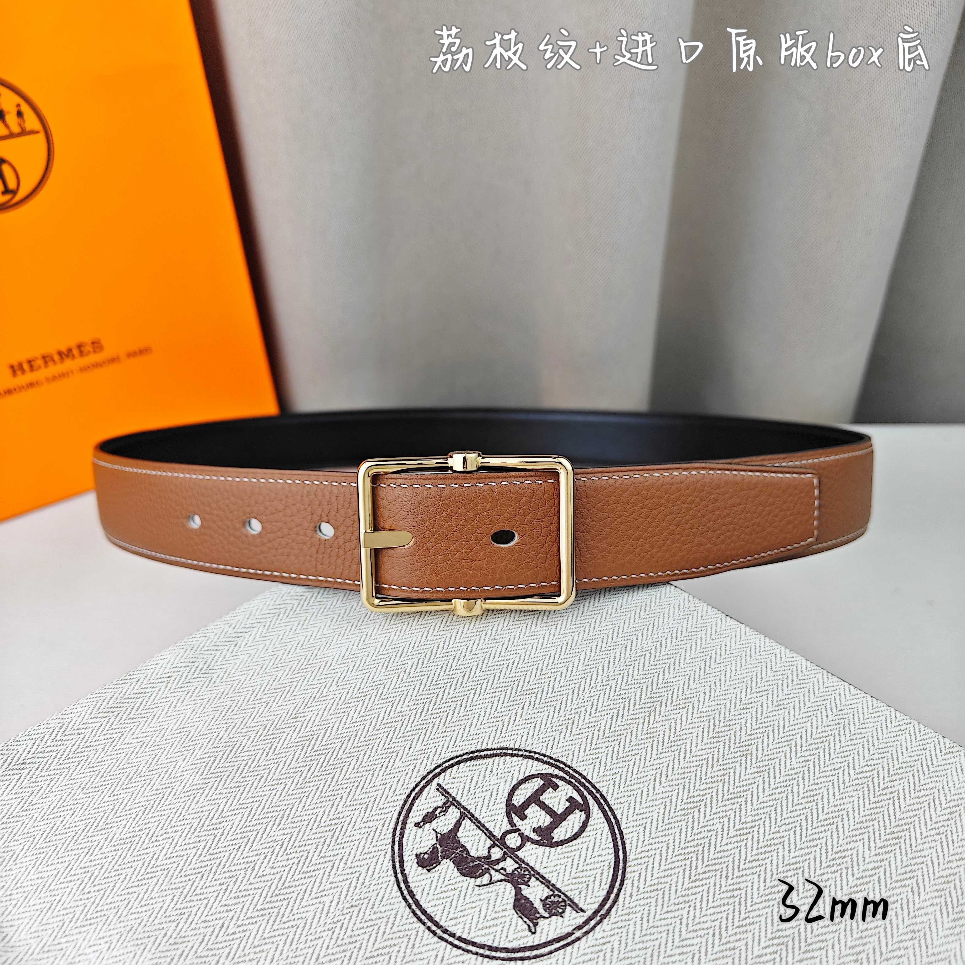   Hermès 爱马仕针扣  原单品质 进口头层牛皮 深蓝色荔枝纹搭配黑色平纹   32mm宽  双面可用  配官网H亮金/亮银扣 P190