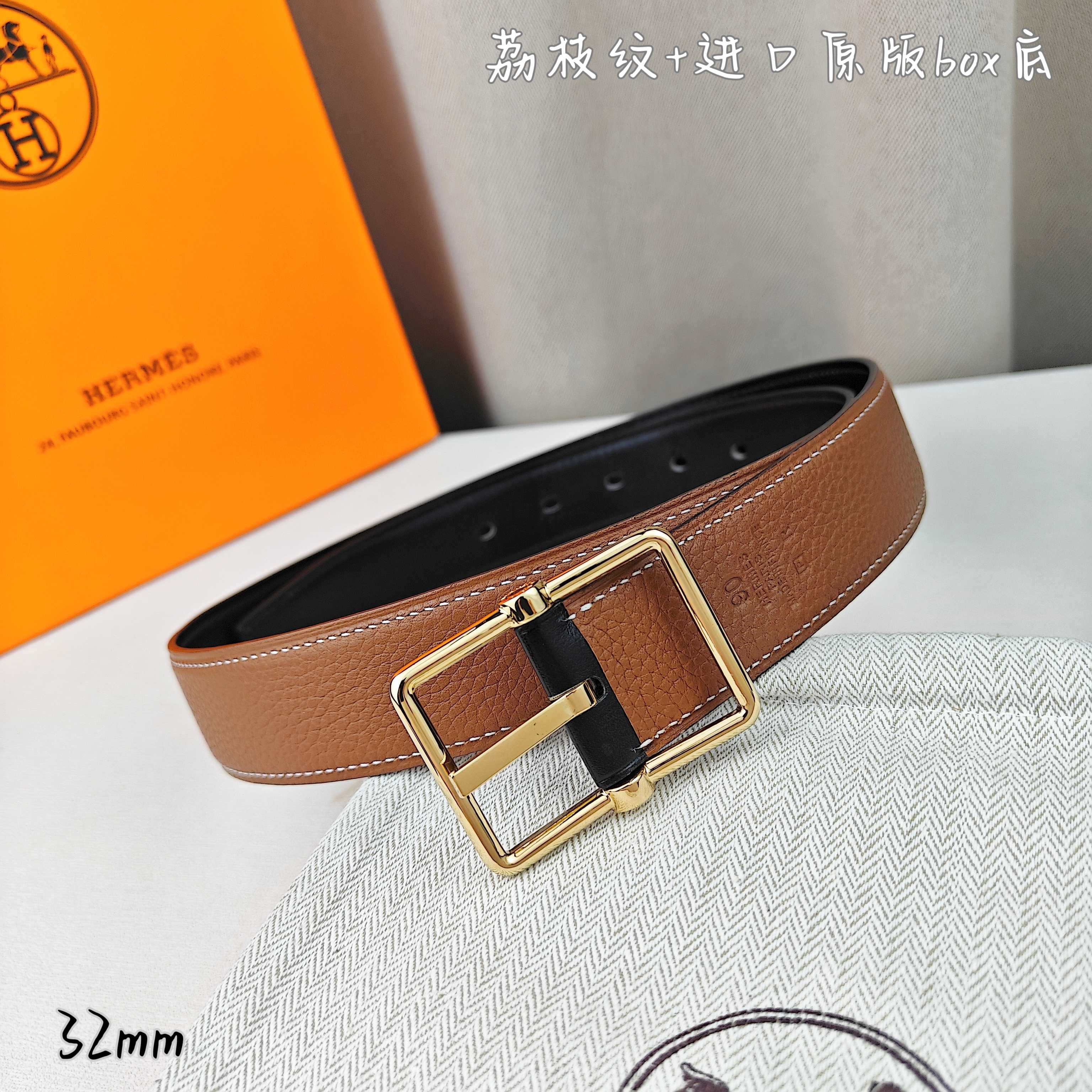   Hermès 爱马仕针扣  原单品质 进口头层牛皮 深蓝色荔枝纹搭配黑色平纹   32mm宽  双面可用  配官网H亮金/亮银扣 P190