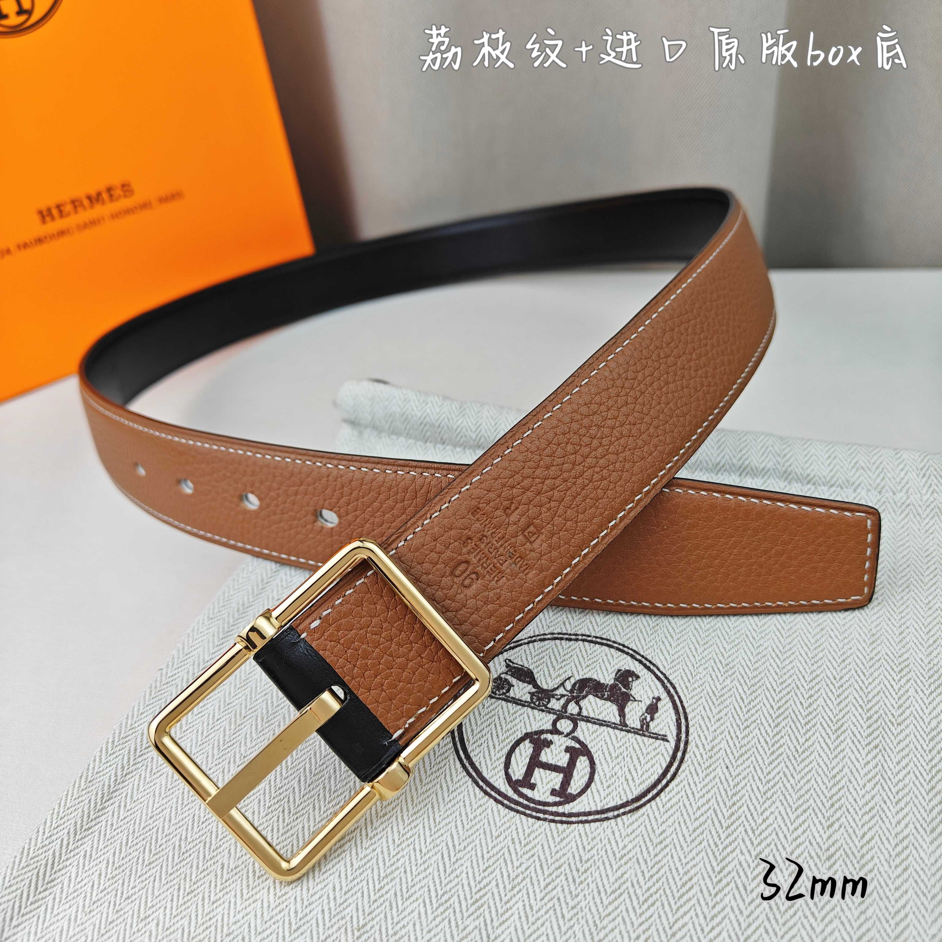   Hermès 爱马仕针扣  原单品质 进口头层牛皮 深蓝色荔枝纹搭配黑色平纹   32mm宽  双面可用  配官网H亮金/亮银扣 P190