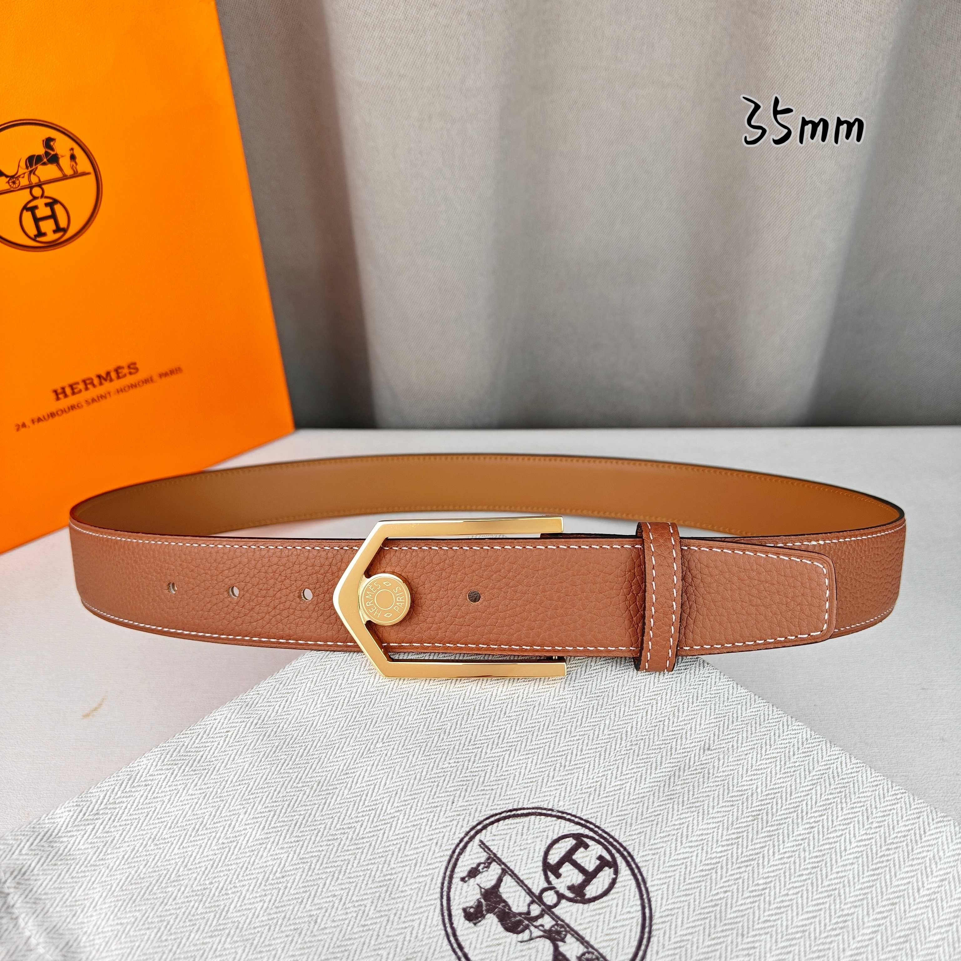 Hermès 爱马仕 新款皮带  原单品质  进口头层牛皮 土黄色荔枝纹面搭配土黄色平纹底  35mm宽