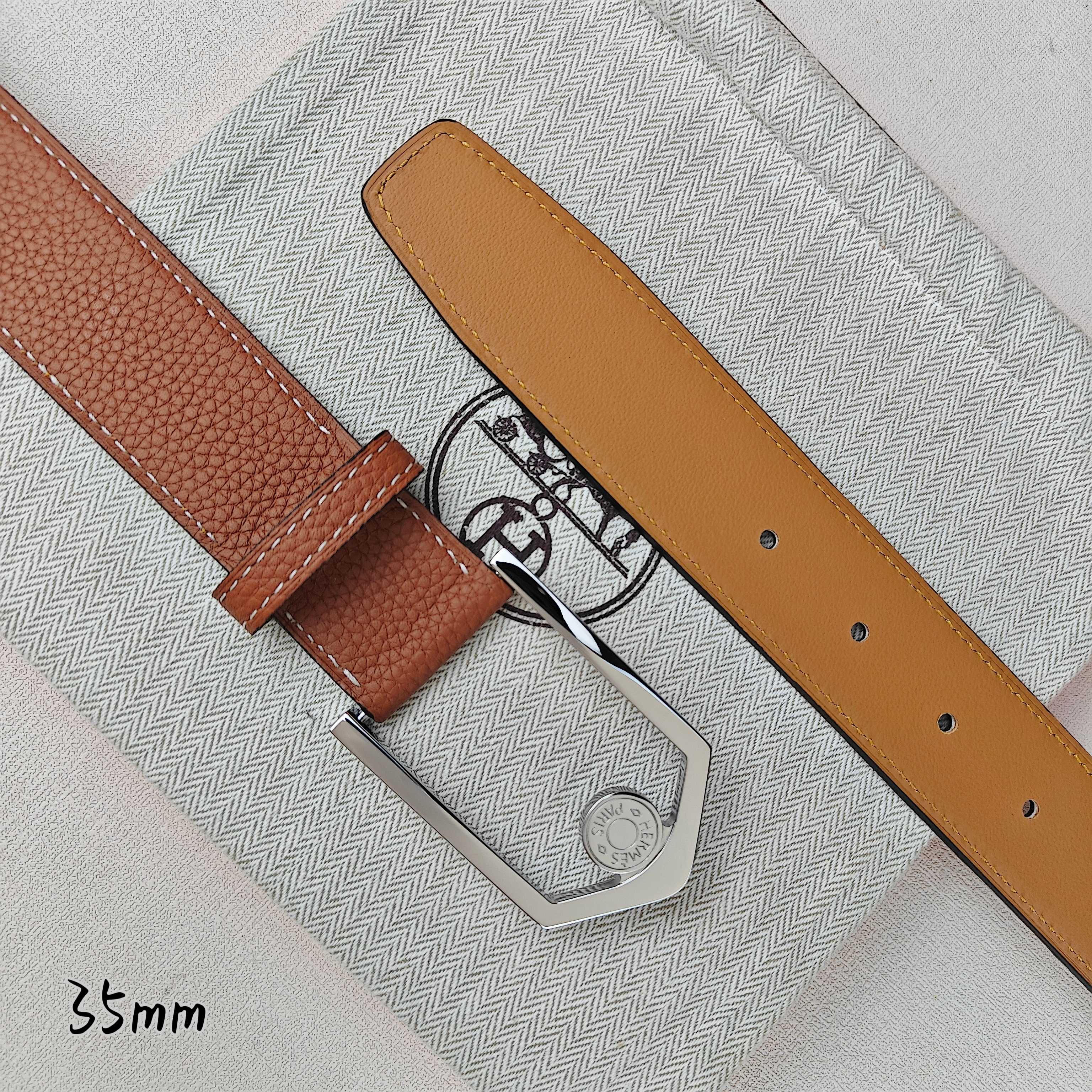 Hermès 爱马仕 新款皮带  原单品质  进口头层牛皮 土黄色荔枝纹面搭配土黄色平纹底  35mm宽