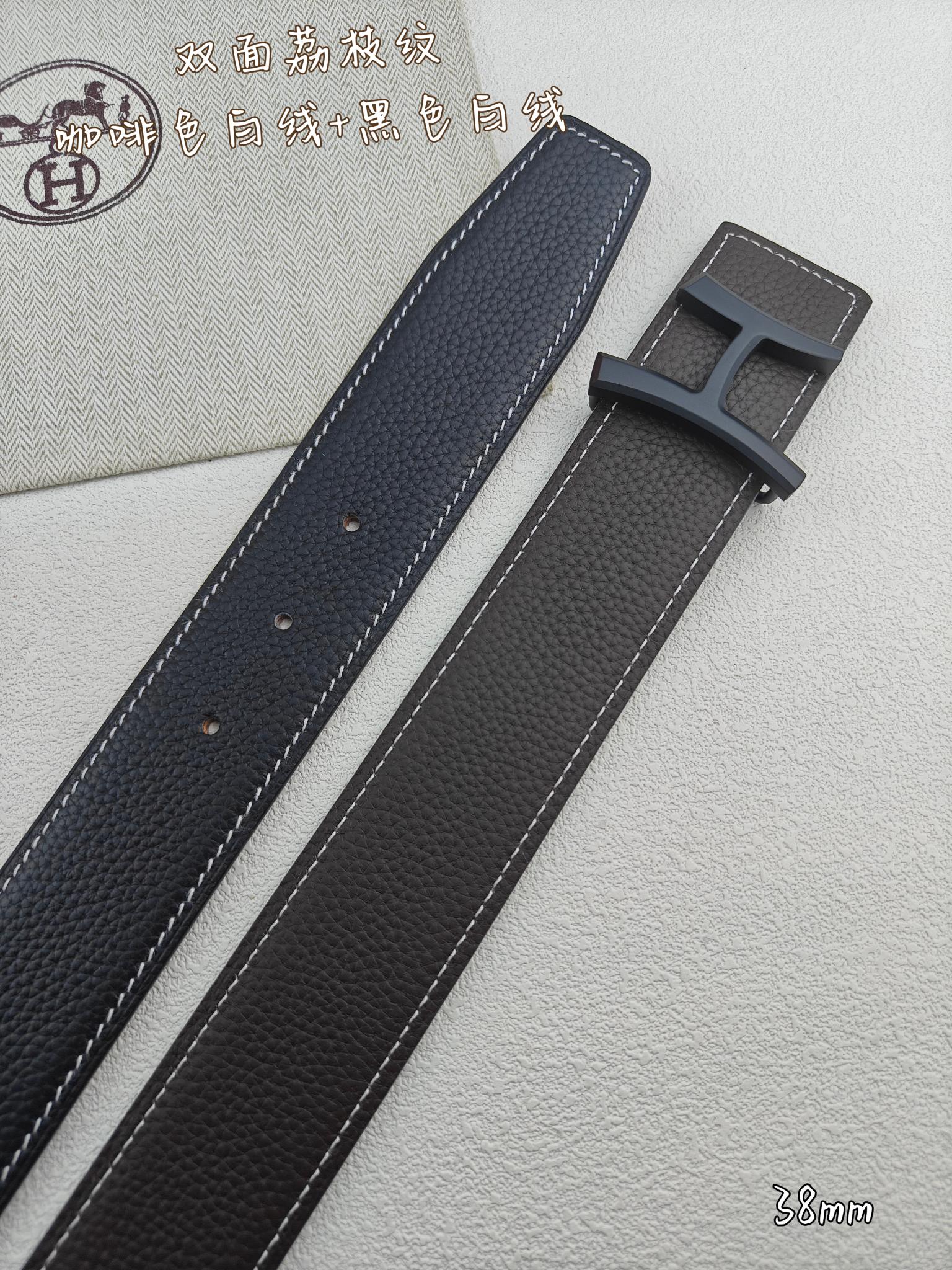 Hermès爱马仕  平头经典款两面可用  原单品质 两面头层牛皮 双面荔枝纹 咖啡色白线搭配黑色白线 