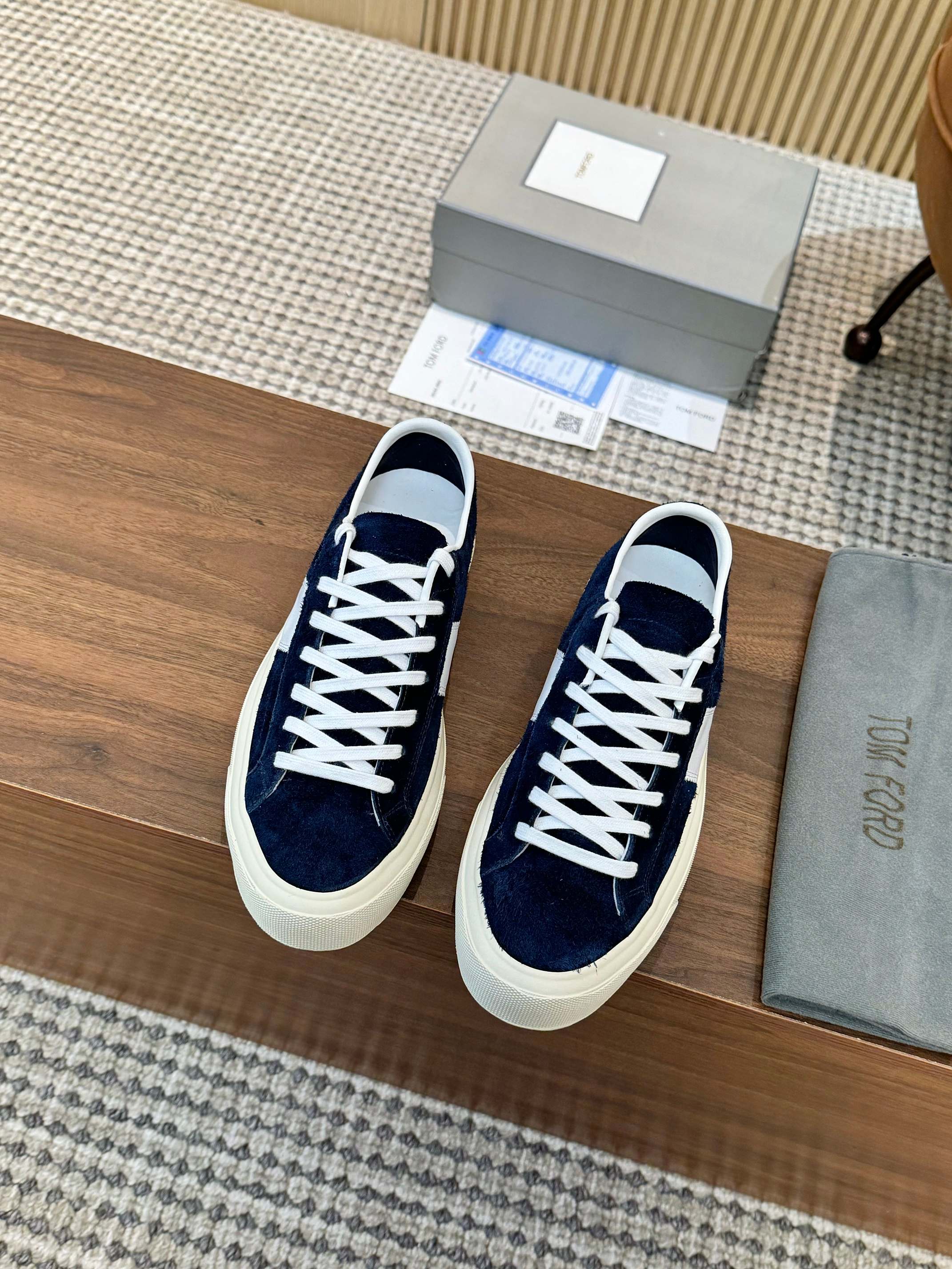 Tom Ford Men's Navy Blue Suede Low Top Sneakers with White Accents 6 a1746411229462 3140